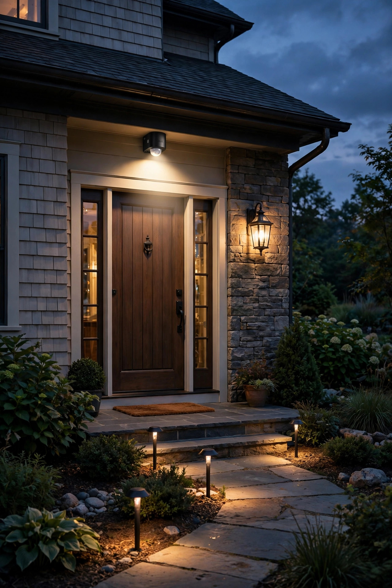 Motion sensor spotlight brightening a front entry while warm path lights and a porch sconce glow softly