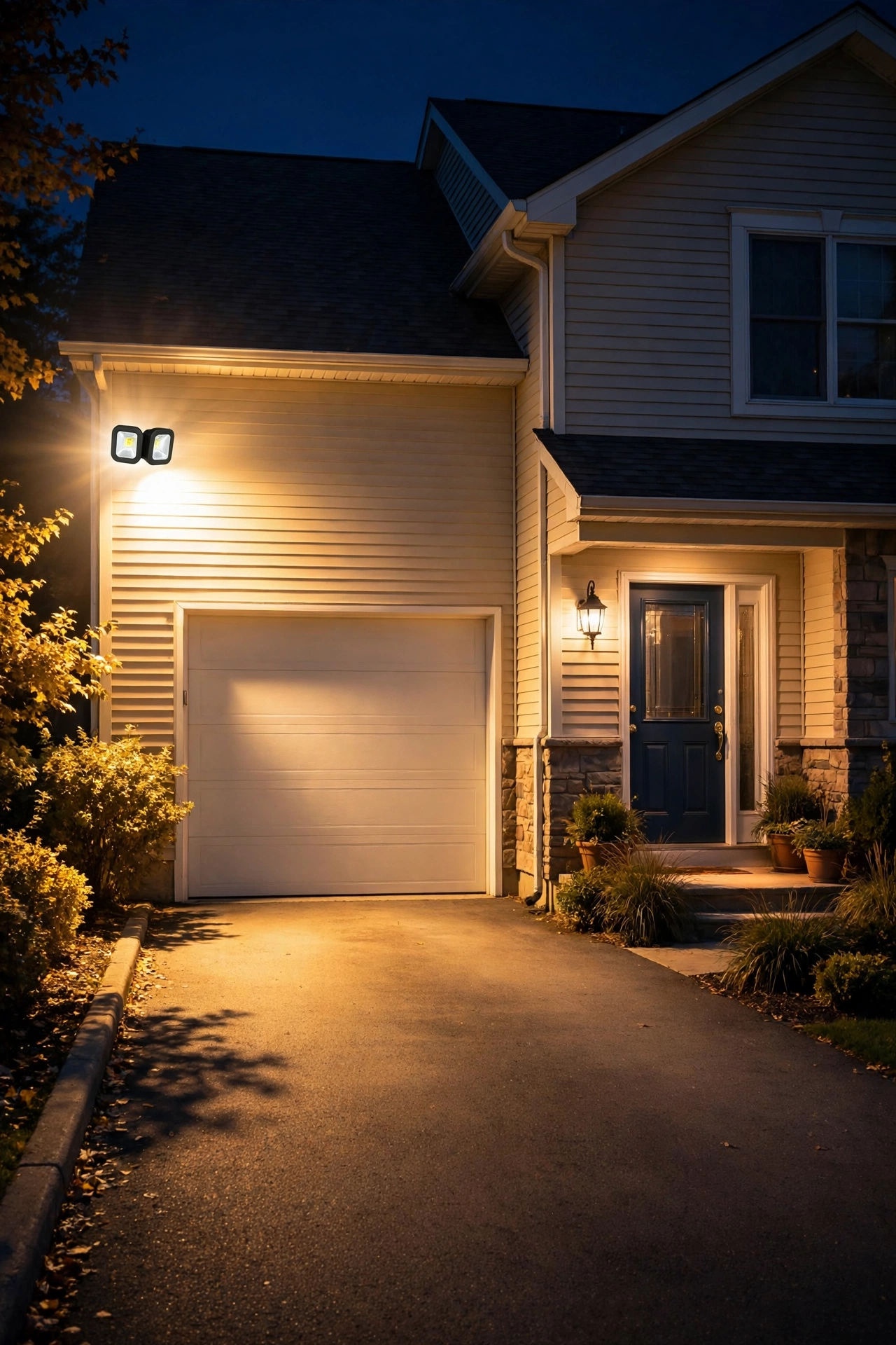 Comparison of motion sensor floodlight and dusk-to-dawn porch light on a house at night
