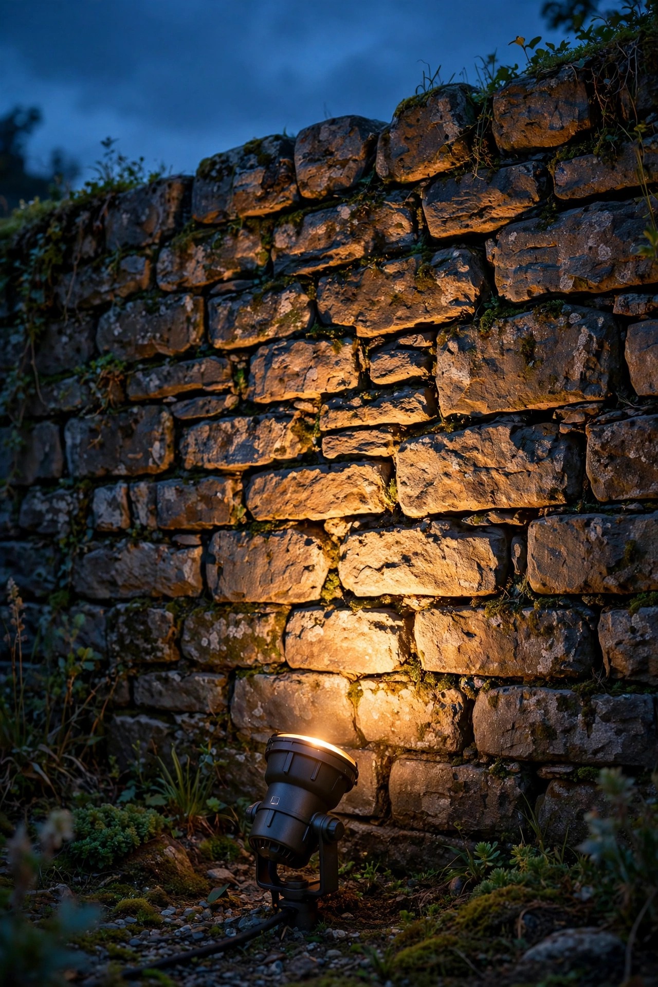 Sturdy low-voltage spotlight with a swappable bulb uplighting a stone wall in warm light at dusk