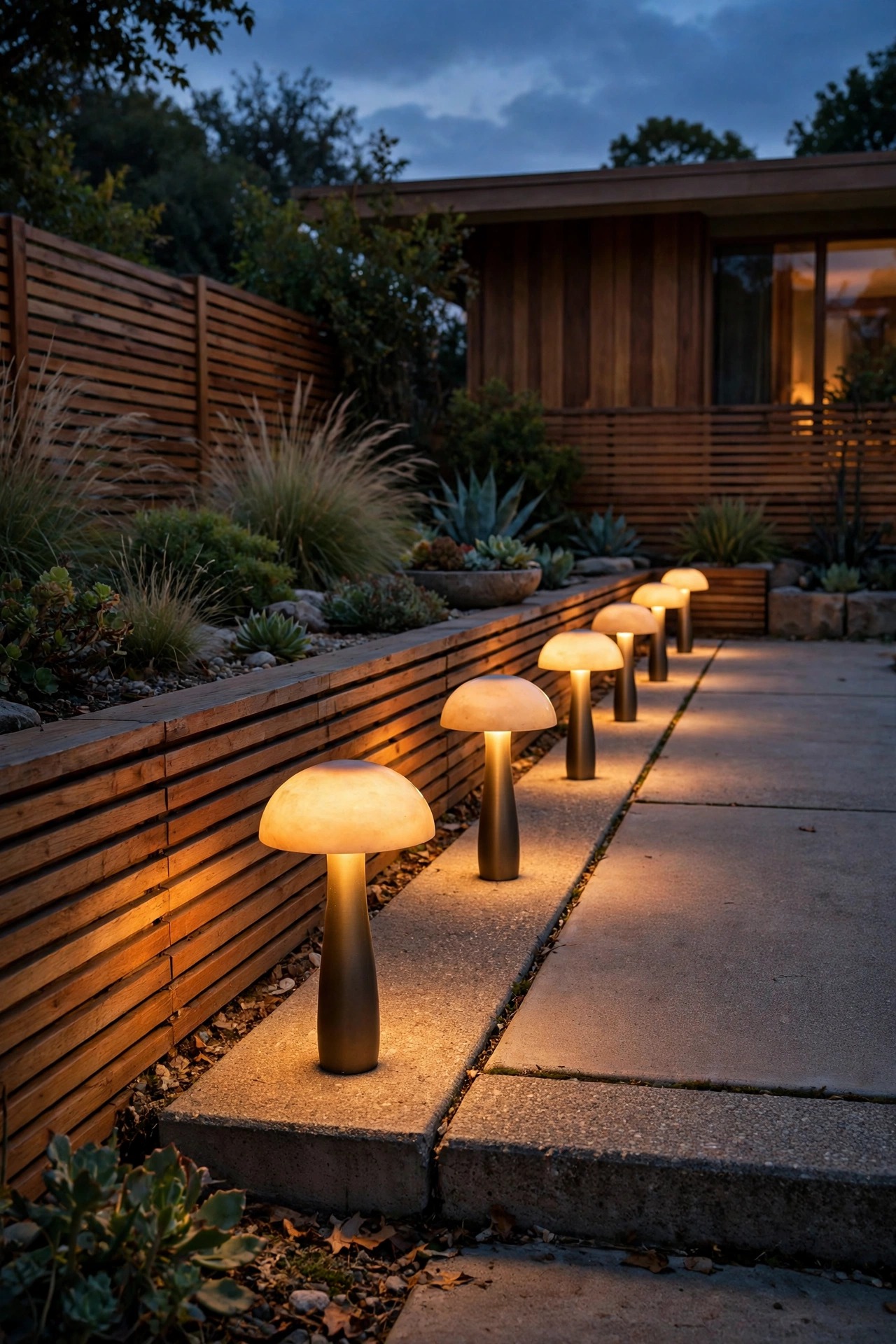 Row of mushroom saucer path lights glowing in a straight line along a mid-century patio edge at dusk