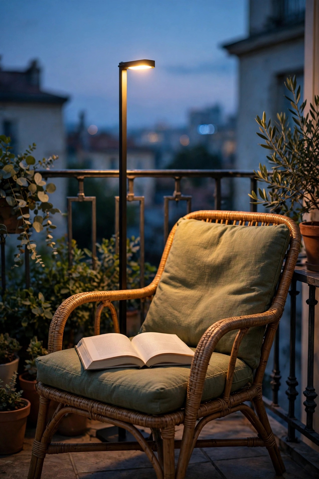 Slim outdoor floor lamp standing behind a balcony reading chair casting warm light over an open book