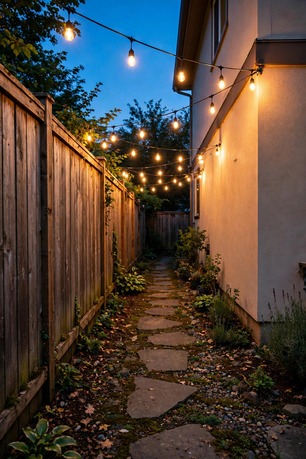Outdoor string lights zigzagged overhead between a fence and house wall above a stepping stone side yard path