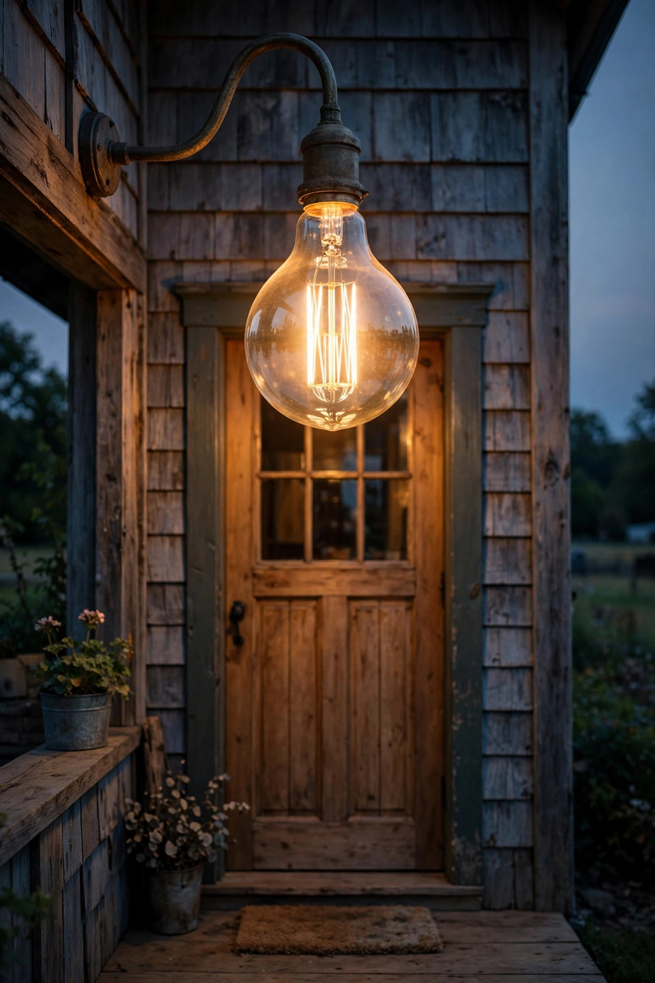 Oversized vintage filament bulb glowing in a gooseneck barn light above a farmhouse porch door at dusk