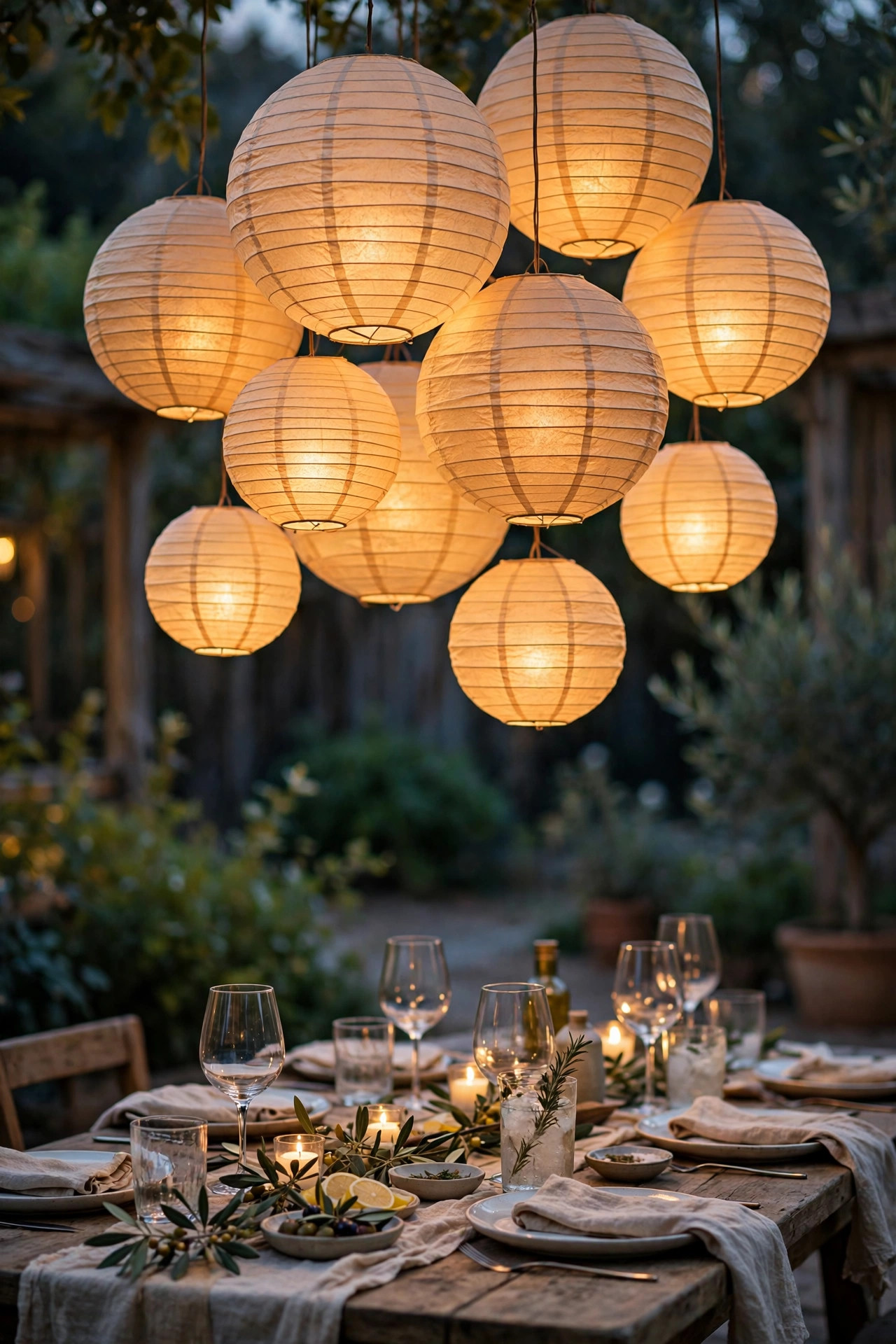 Cluster of warm glowing paper lanterns in mixed sizes hanging over an outdoor party table