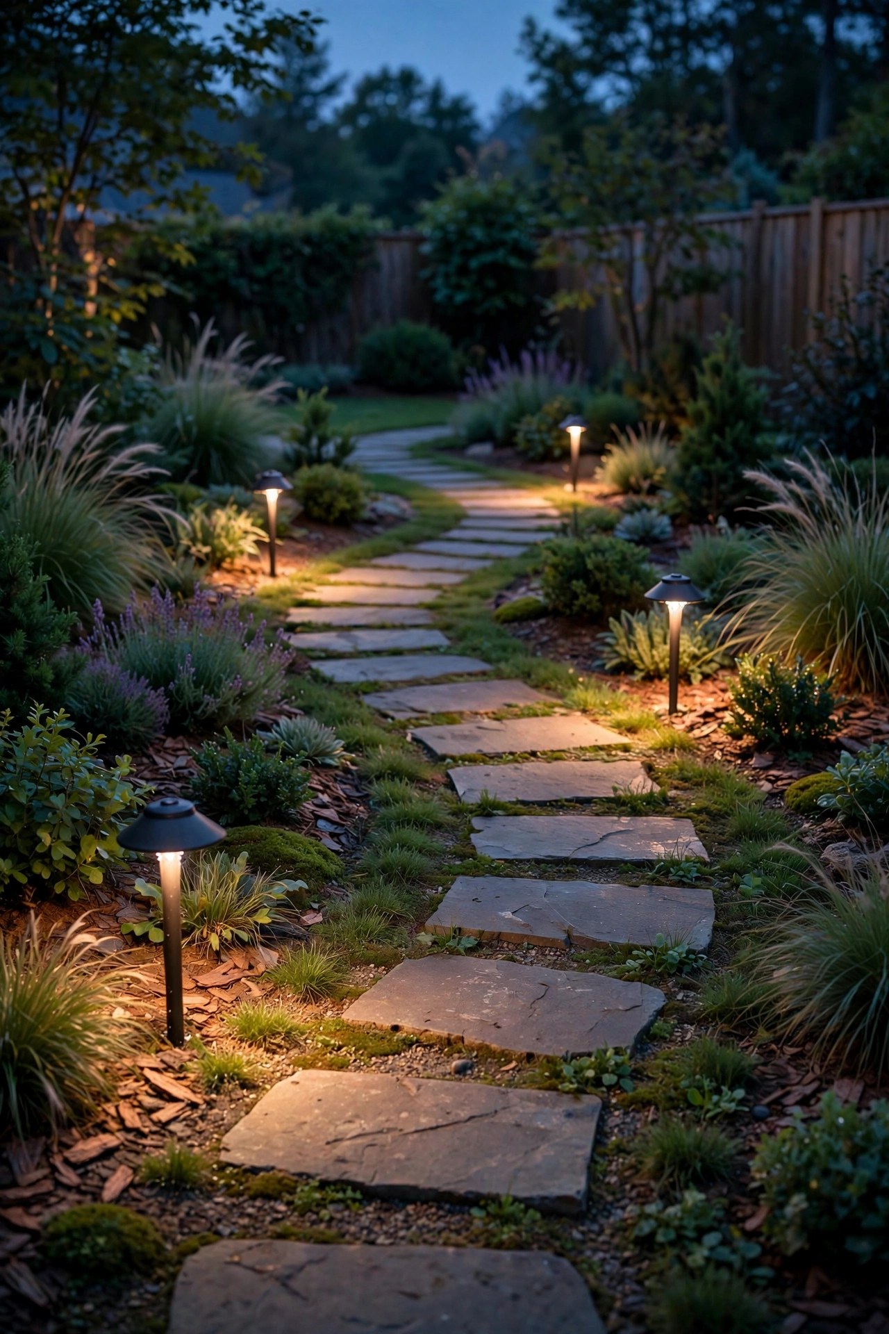 Staggered path lights edging a walkway through a small yard at dusk with warm pools of light