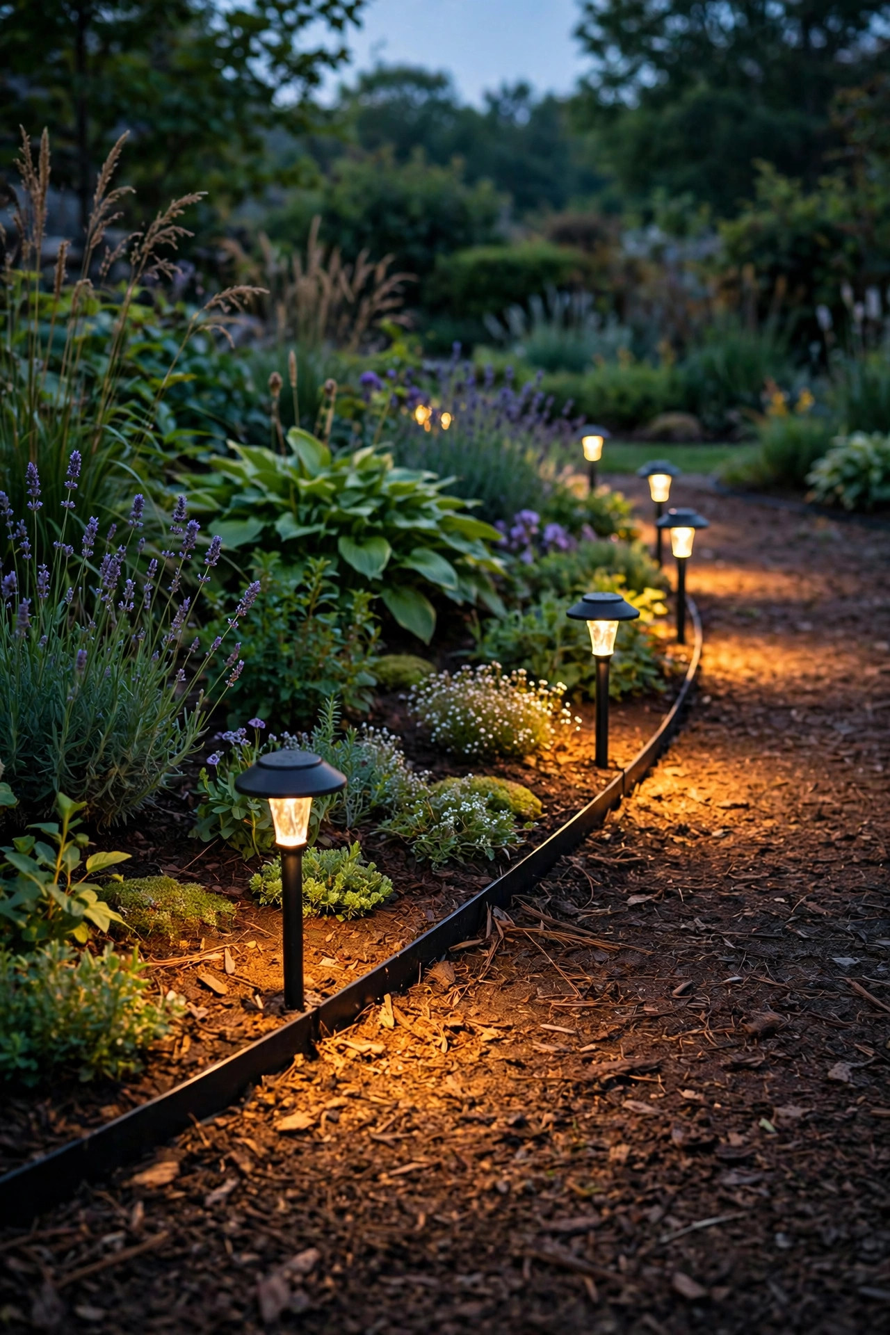 Low path lights spaced along the edging of a flower bed casting warm pools of light on mulch