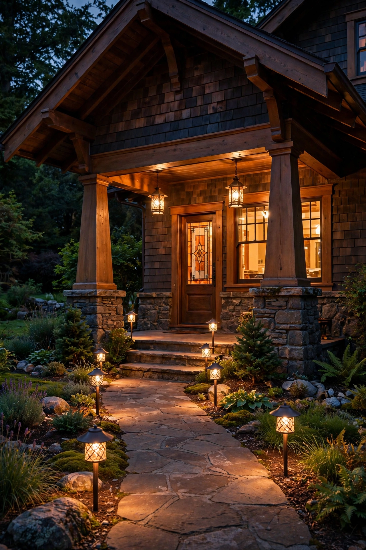 Mission-style path lights with seeded glass lining a craftsman bungalow front walk at night