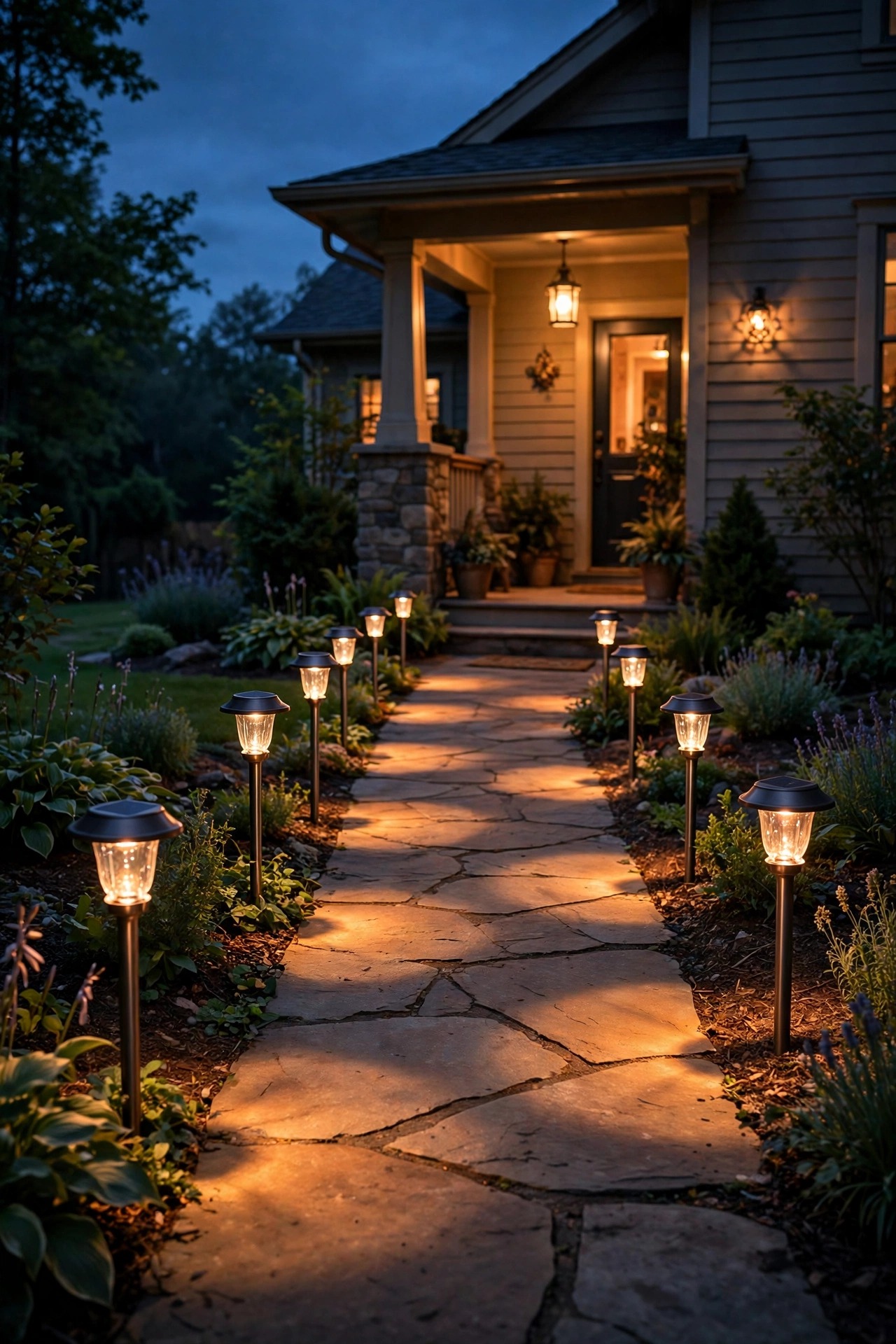 Row of solar path lights with metal stakes lining a front walk leading to a glowing porch at dusk, warm pools of light overlapping on the path