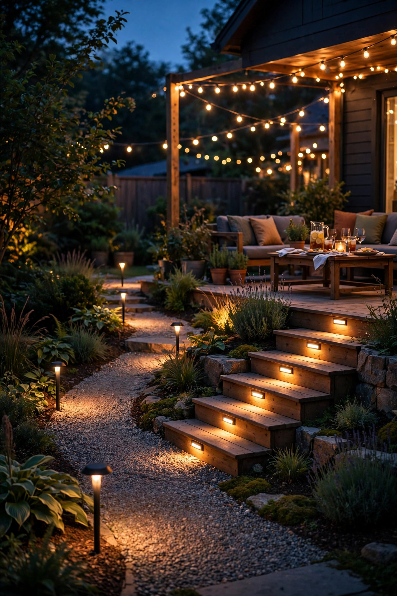 Low path lights and step lights marking a safe route across a dark backyard during a party