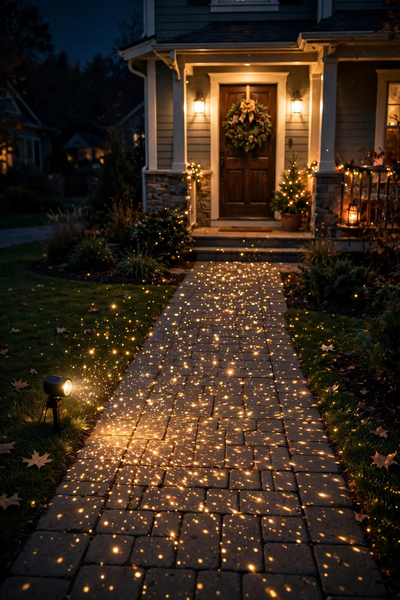 Warm projected sparkles washing along a front walkway at night