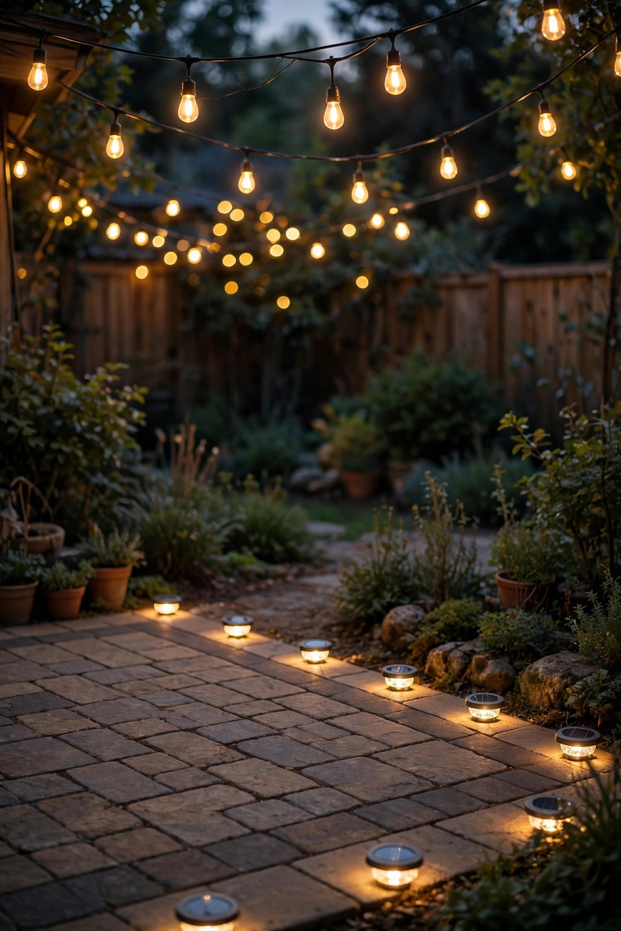 Solar disk lights outlining the edge of a paver patio under warm string lights at dusk
