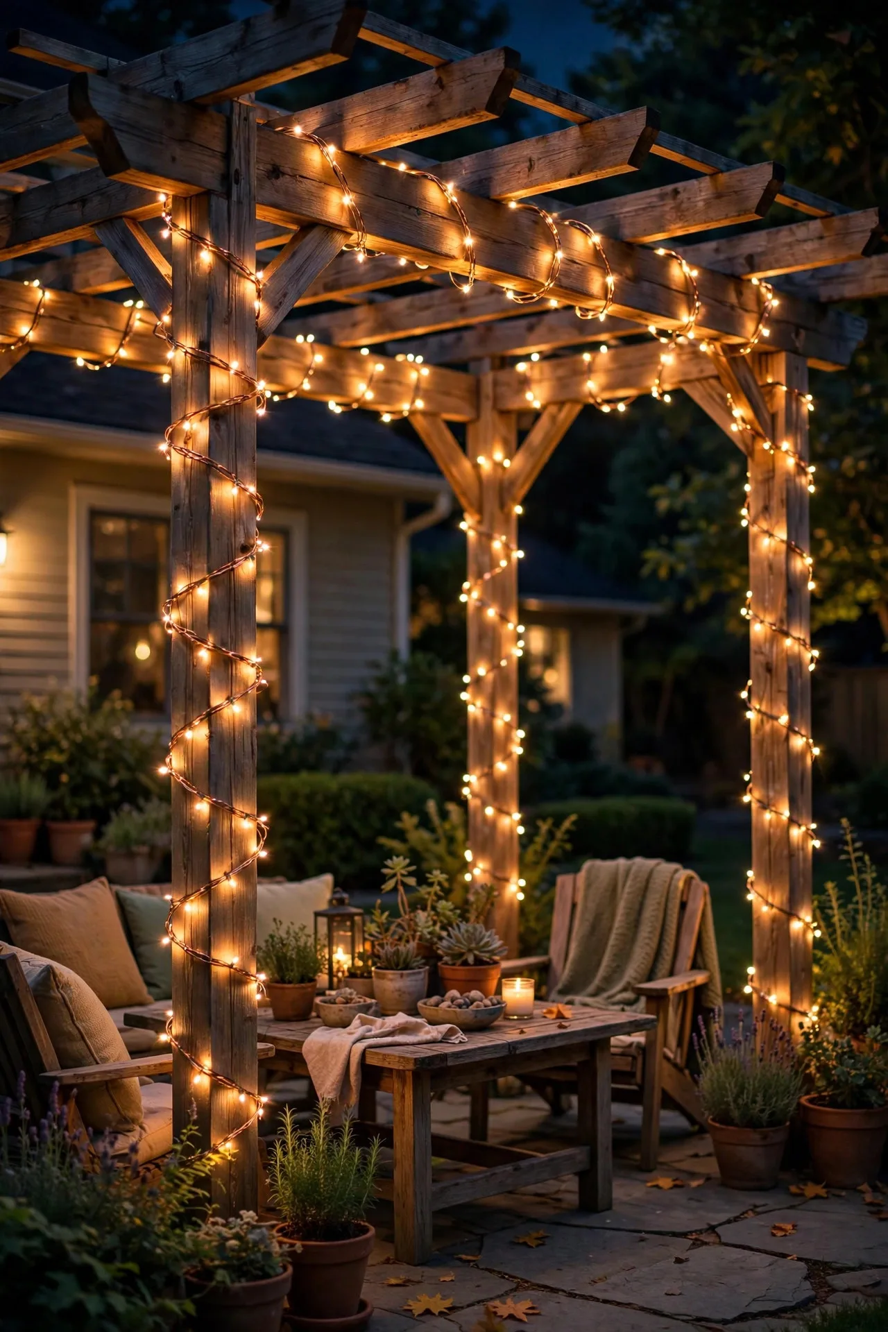 Pergola beams wrapped with fairy string lights glowing warm at night