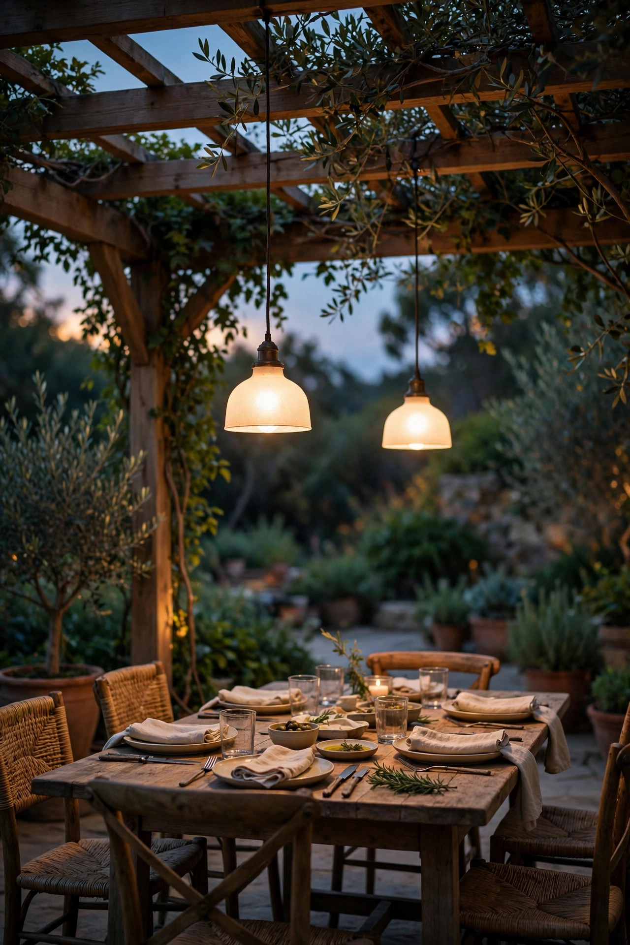 Two warm pendants glowing softly over a pergola dining table at dusk with dimmed light