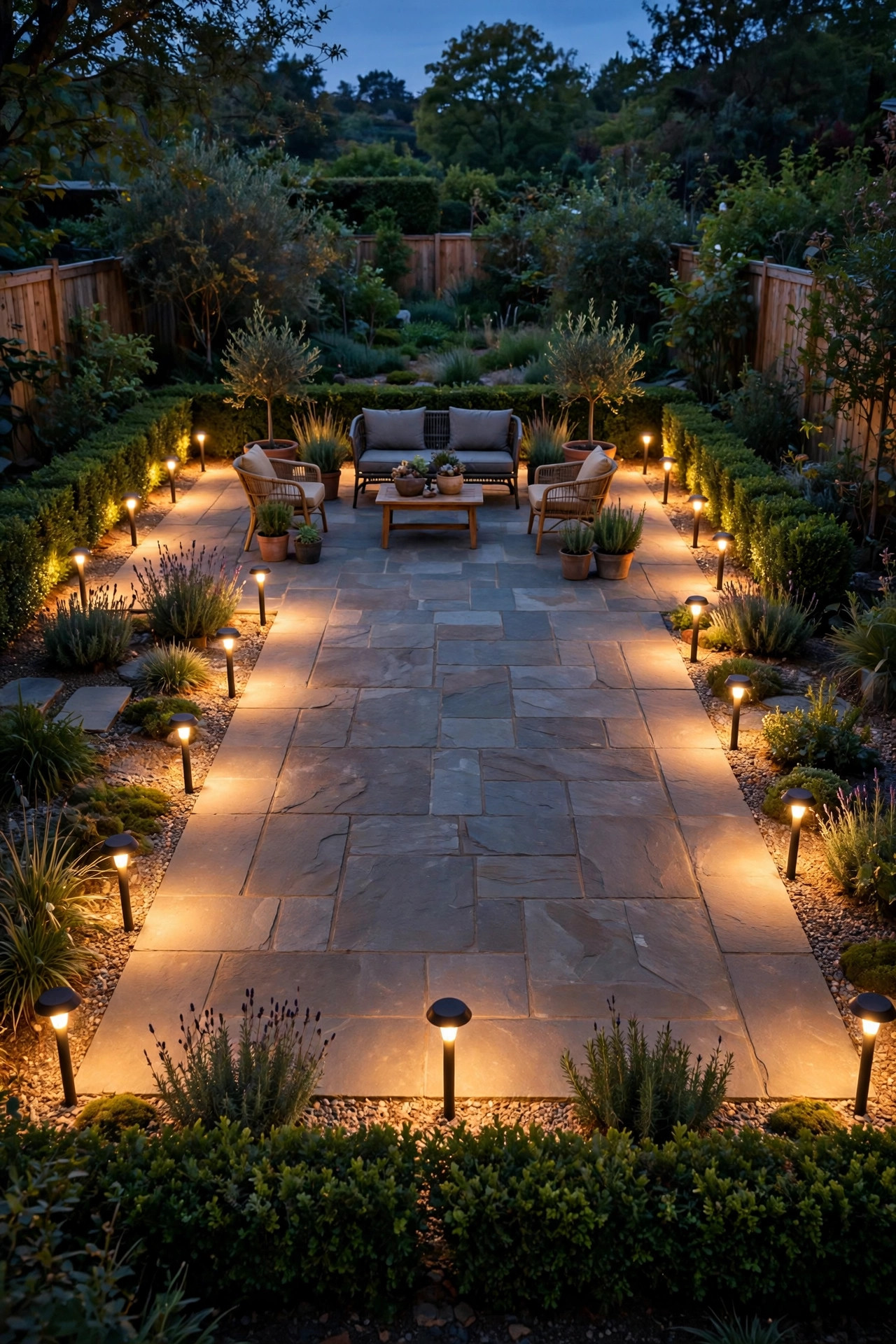 Low warm path lights outlining the full perimeter of a small patio at dusk, marking the edges and making the space feel larger