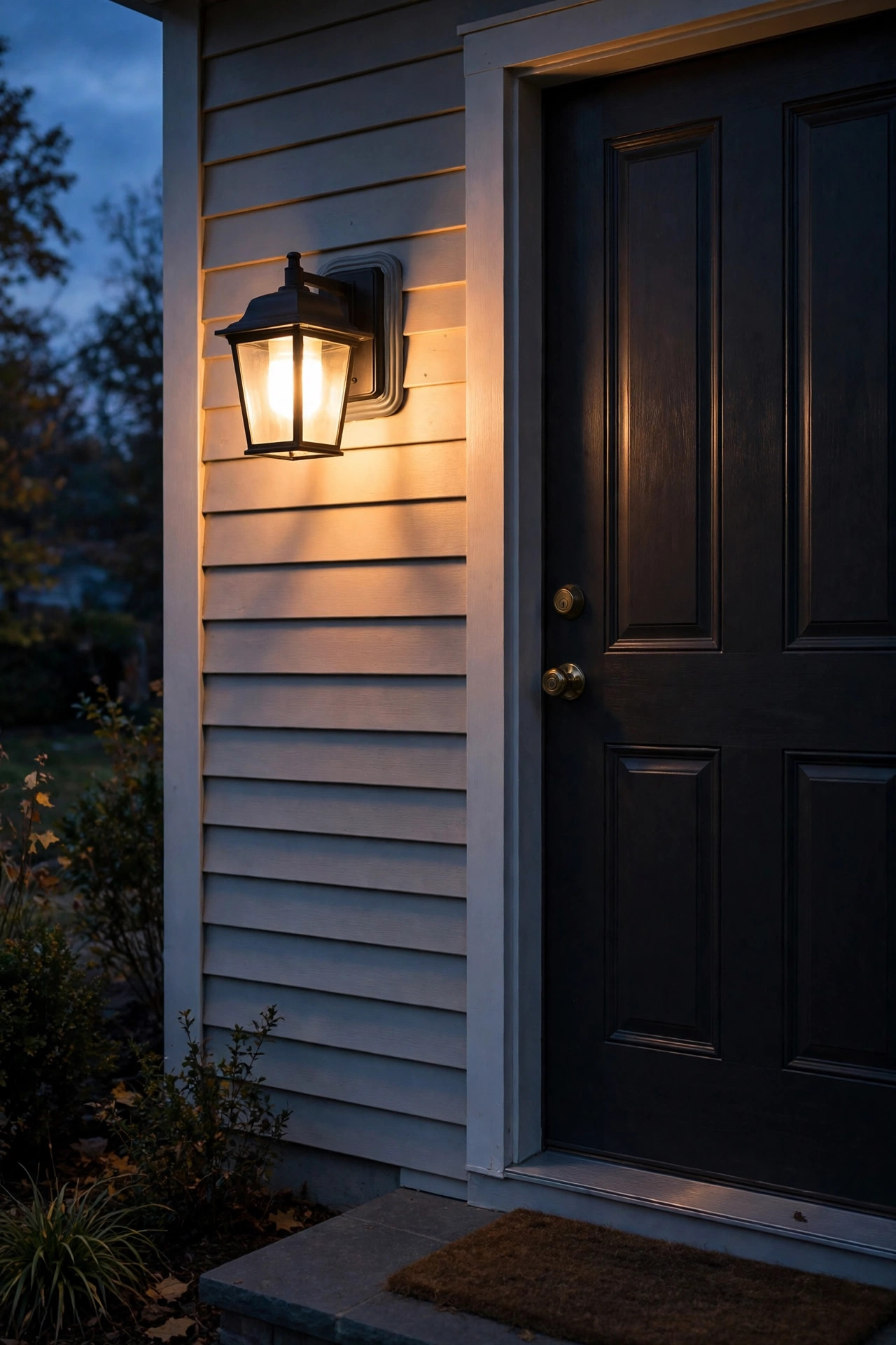 Electrician's completed porch light installation glowing beside the front door at dusk, neat and code-compliant with a sealed fixture backplate