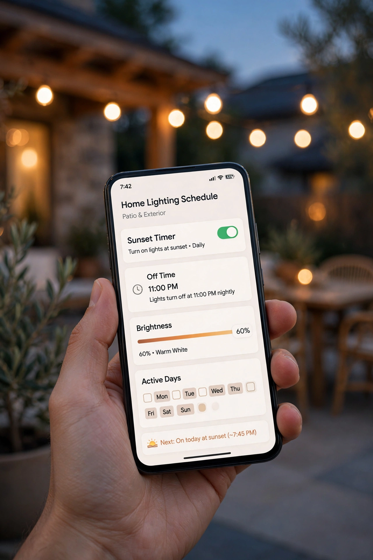 Hand holding a phone showing an outdoor lighting schedule app with a glowing patio behind it