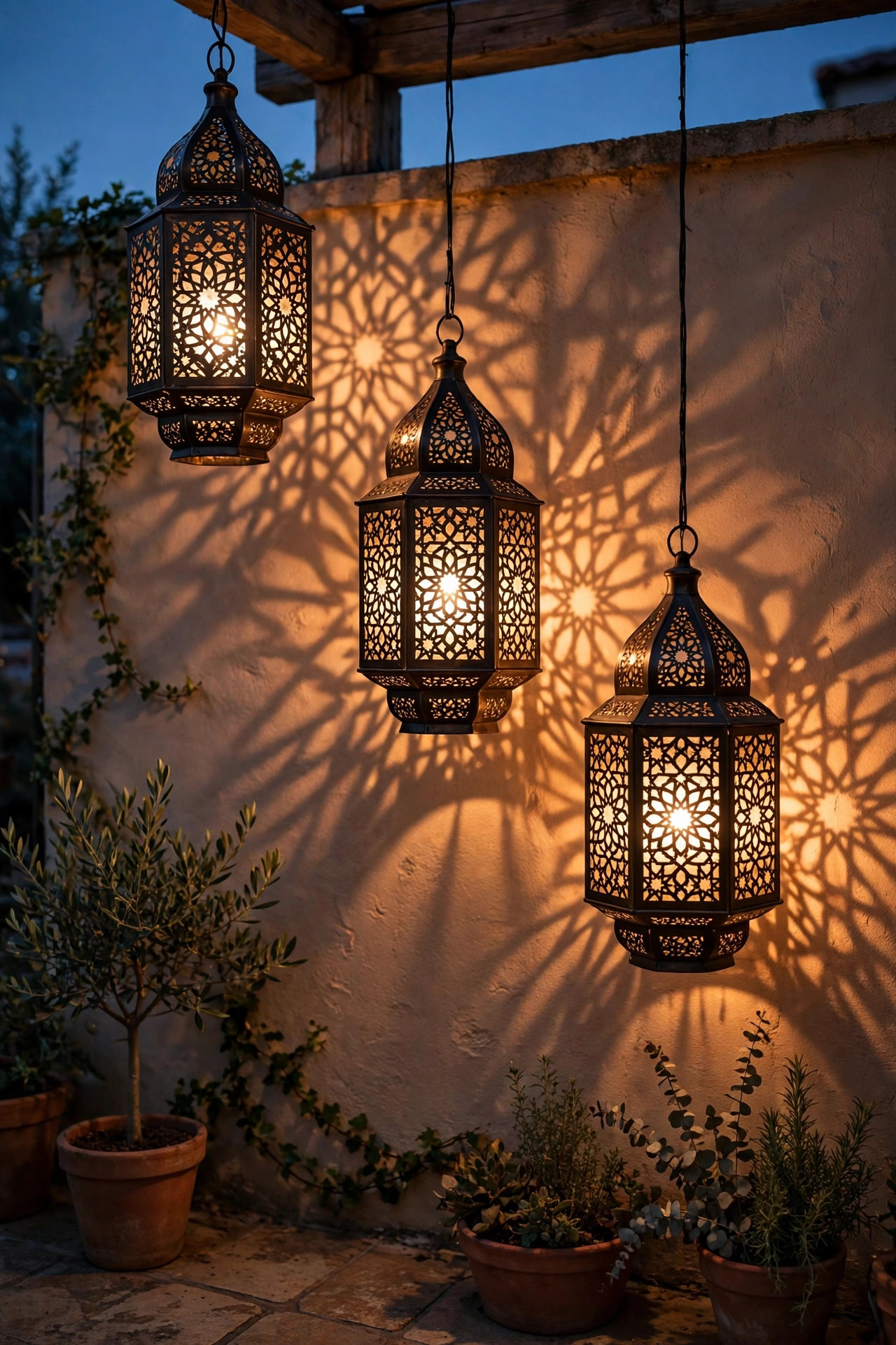 Pierced metal lanterns hanging at staggered heights casting patterned warm light on a patio wall