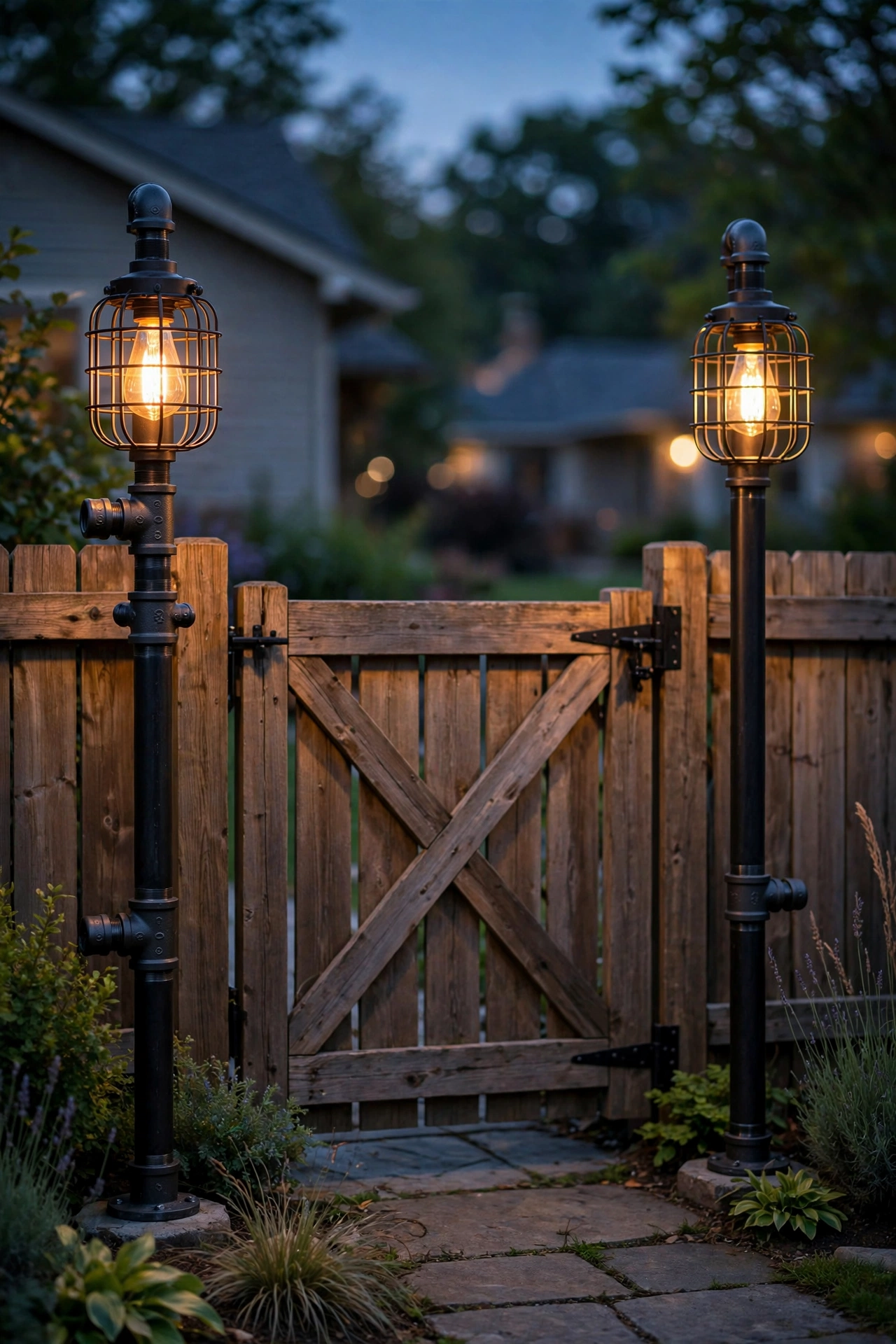 Black steel pipe post lights with cage lantern heads flanking a wooden fence gate