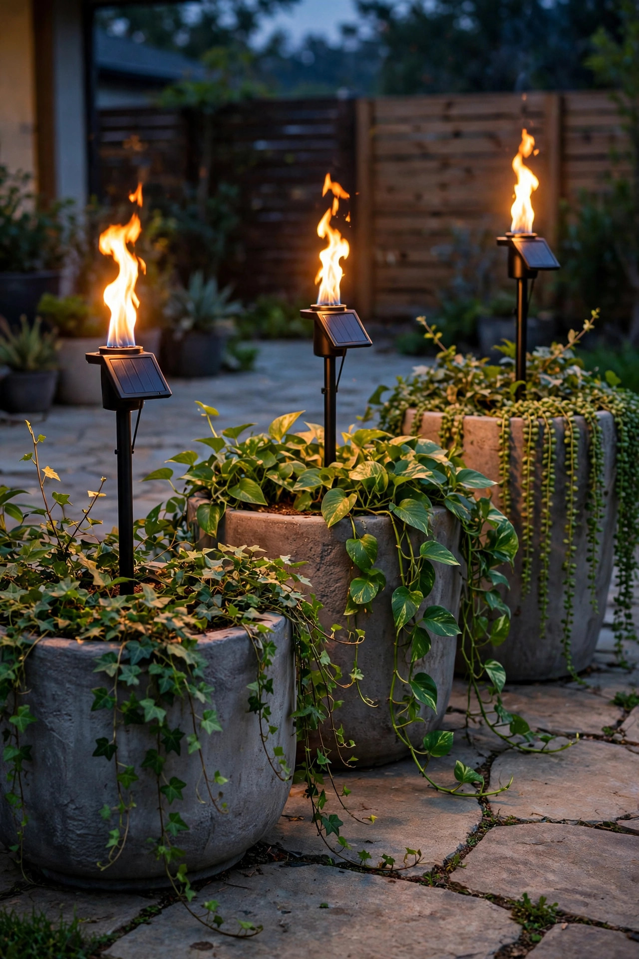 Solar flame torches glowing in large planters with trailing vines on a paved patio