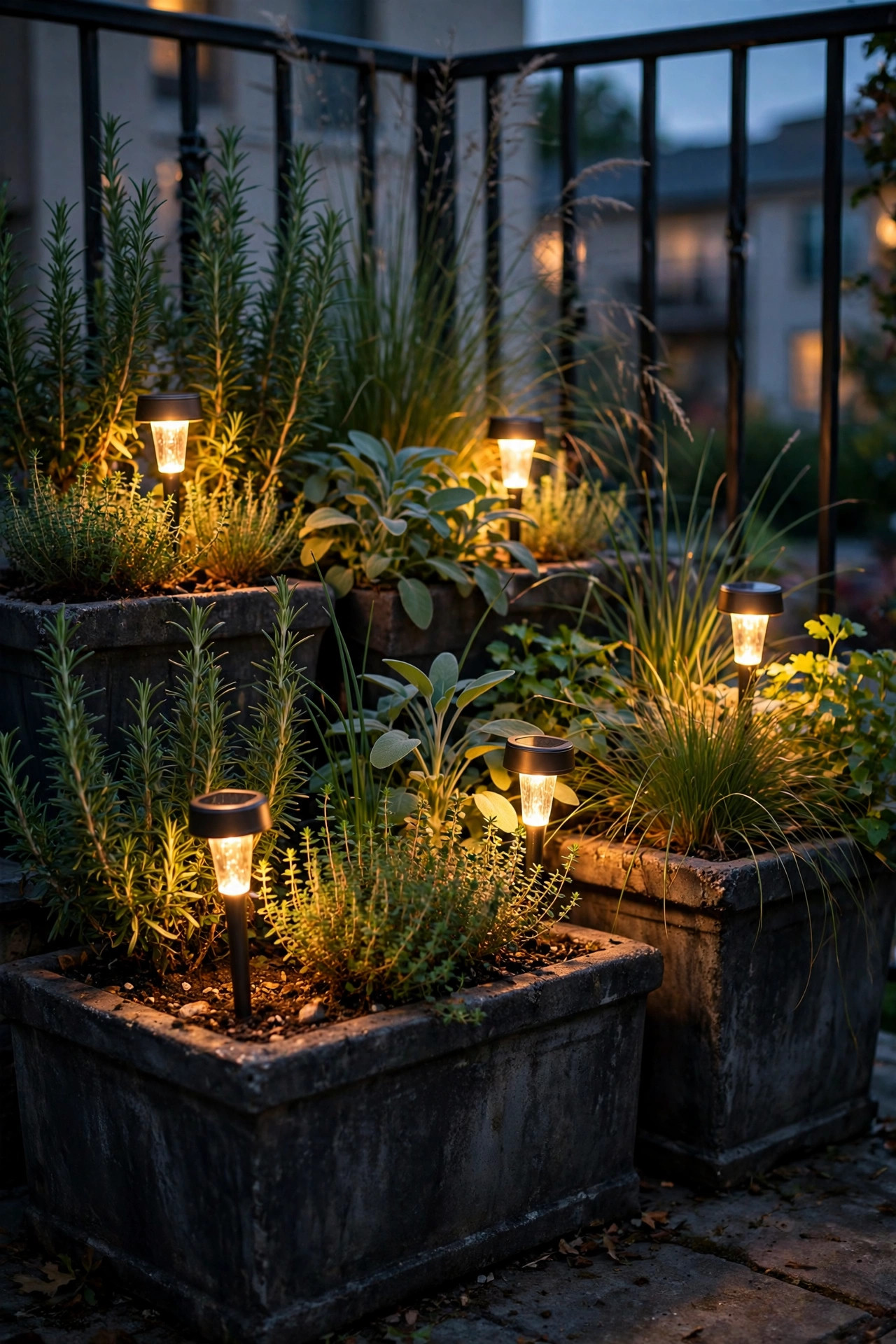 Short solar stake lights pushed deep into large heavy balcony planters, warm light pooling over herbs and grasses at dusk