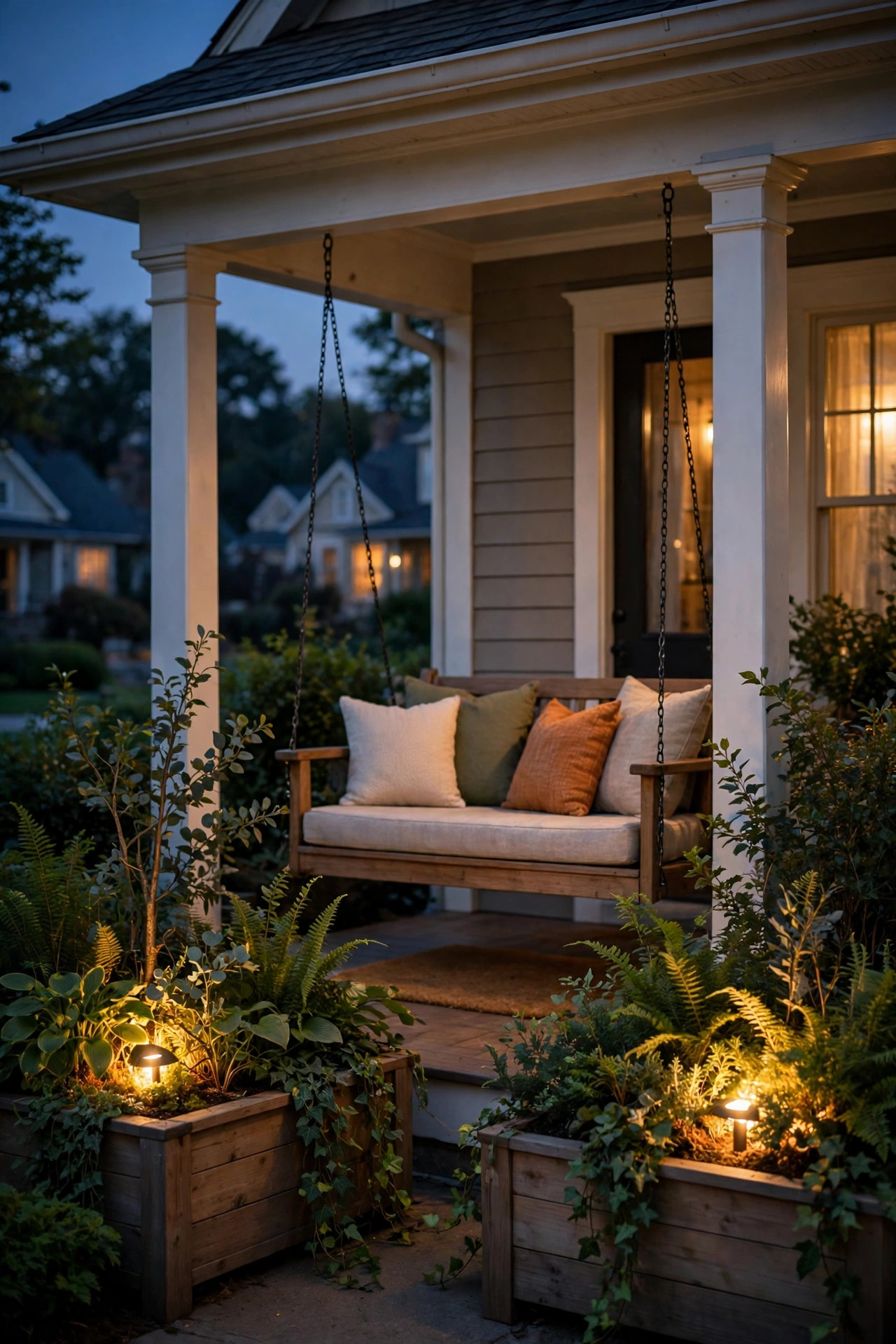 Small uplights tucked into planters at each end of a porch swing washing warm light up through foliage