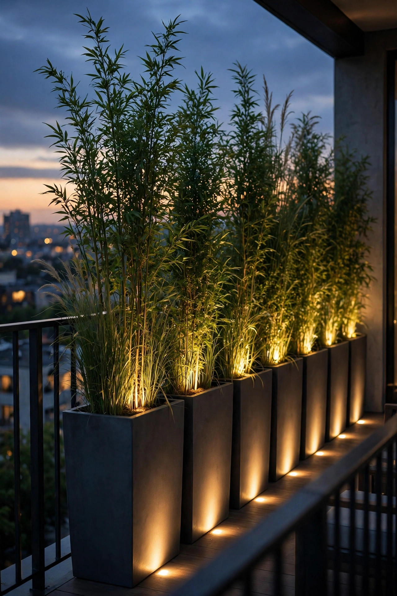 Tall planters with upright green plants along the end of a balcony lit from below by warm uplights forming a glowing privacy wall at dusk