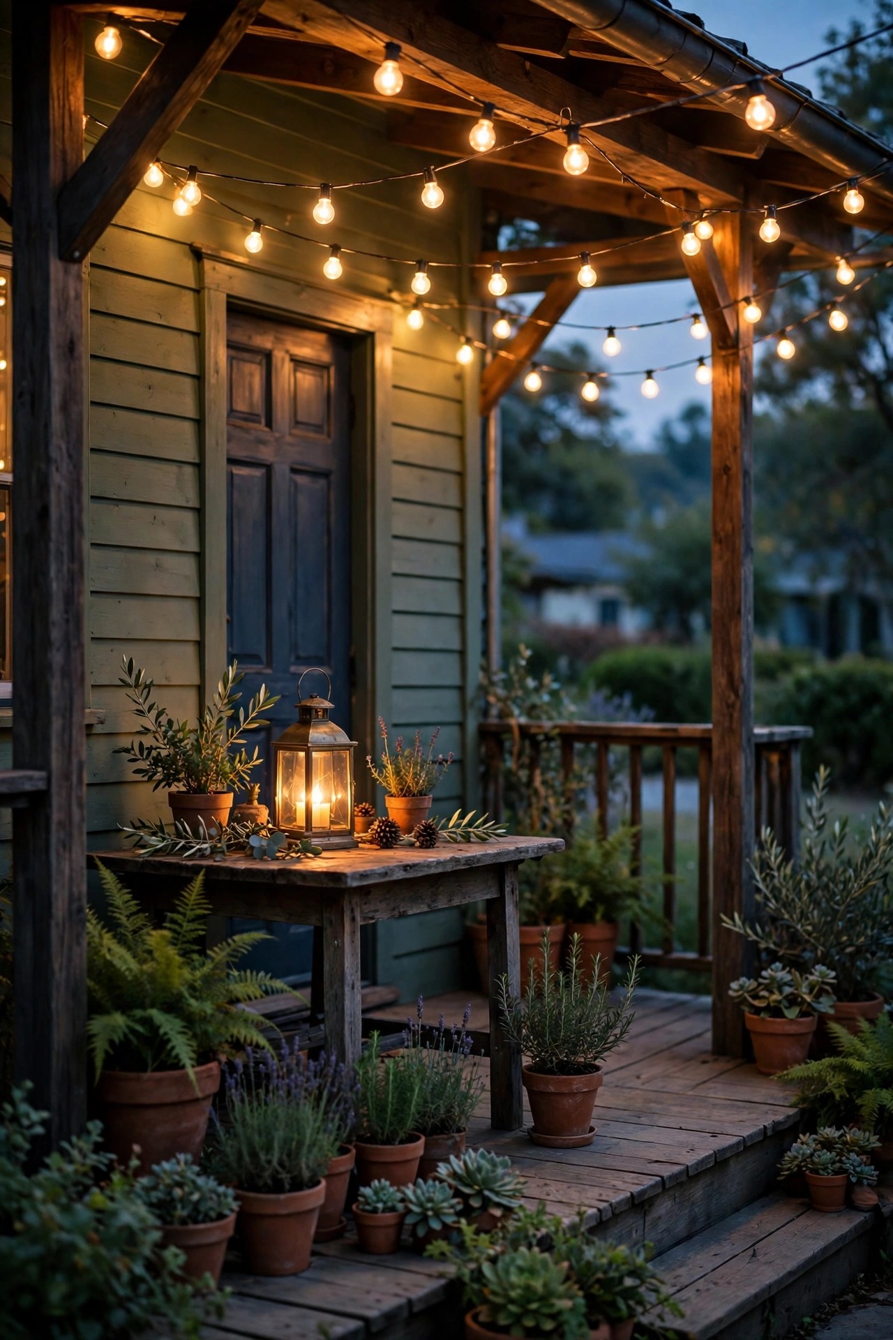 String lights and a lantern glowing on a front porch in the early evening with warm automatic dusk lighting, photorealistic