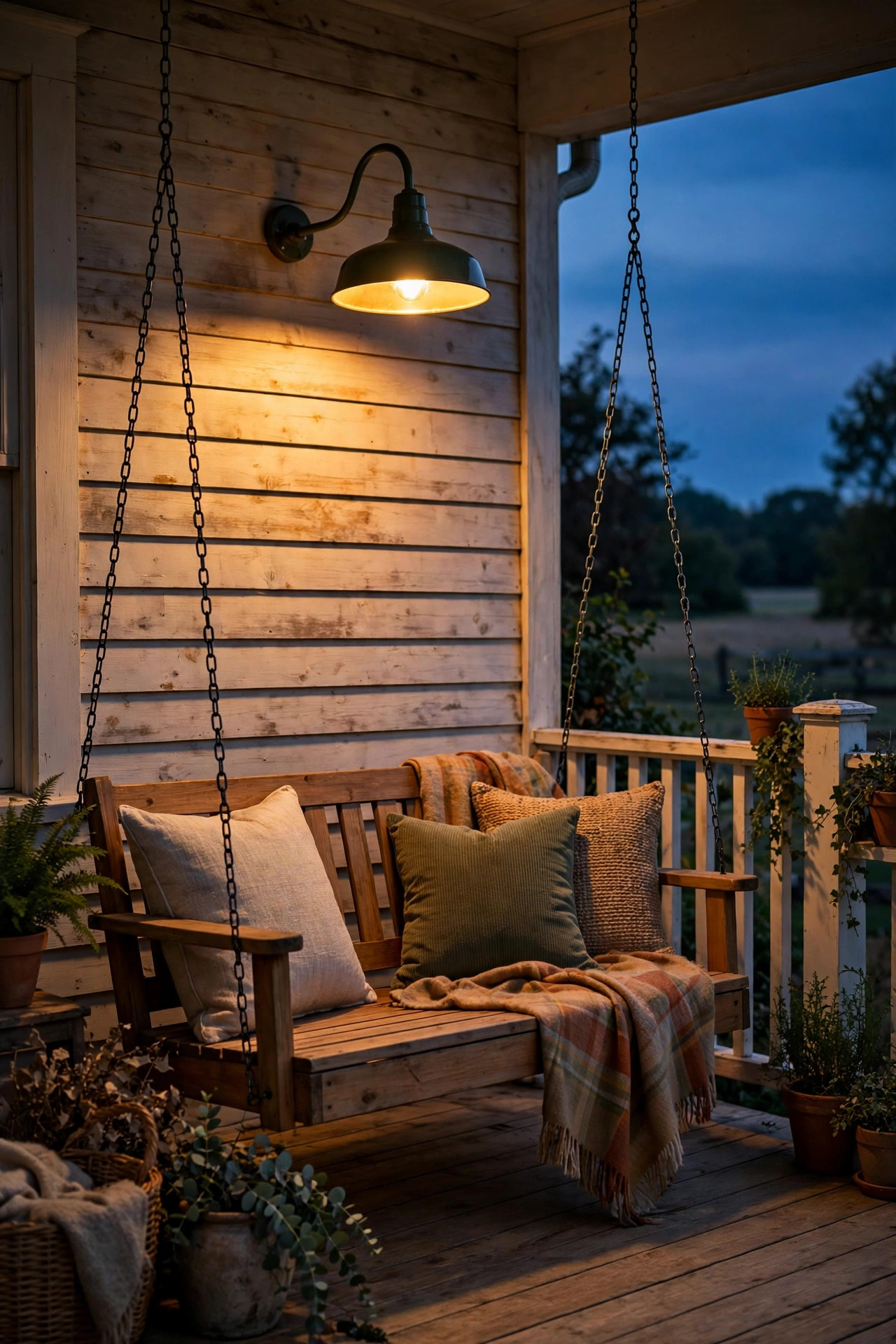 Gooseneck barn light mounted above a wooden porch swing glowing warmly at dusk