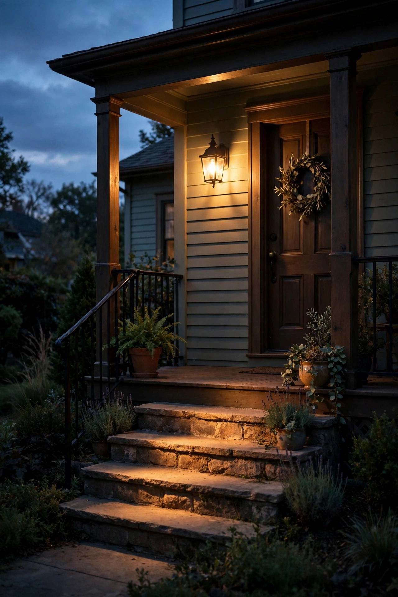 Porch light switched on at dusk after troubleshooting, warm light spilling across the front steps