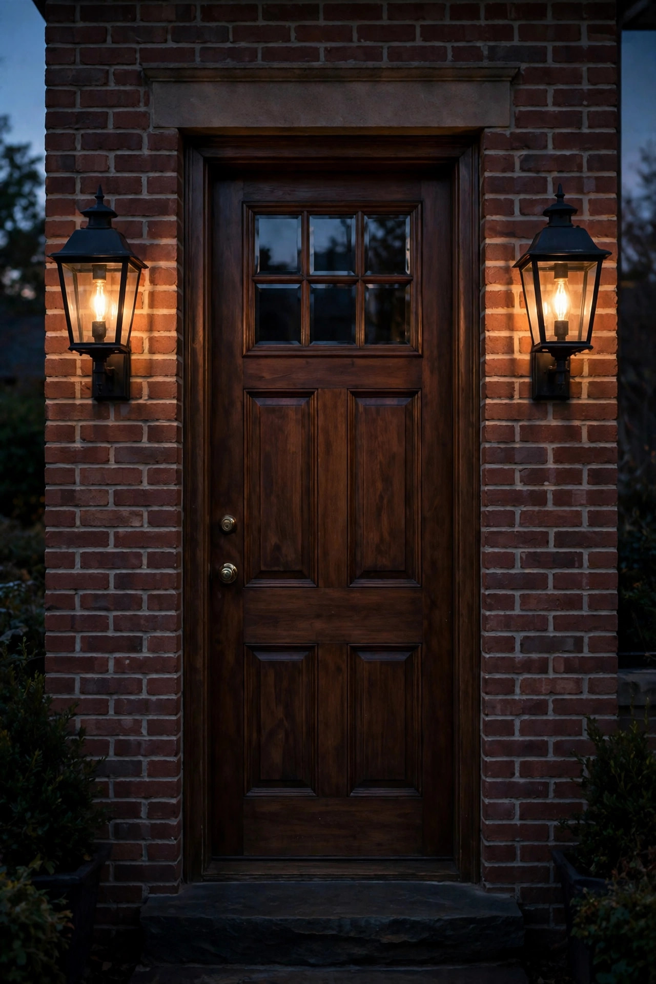 Classic black lantern porch sconces with warm filament bulbs flanking a front door at dusk