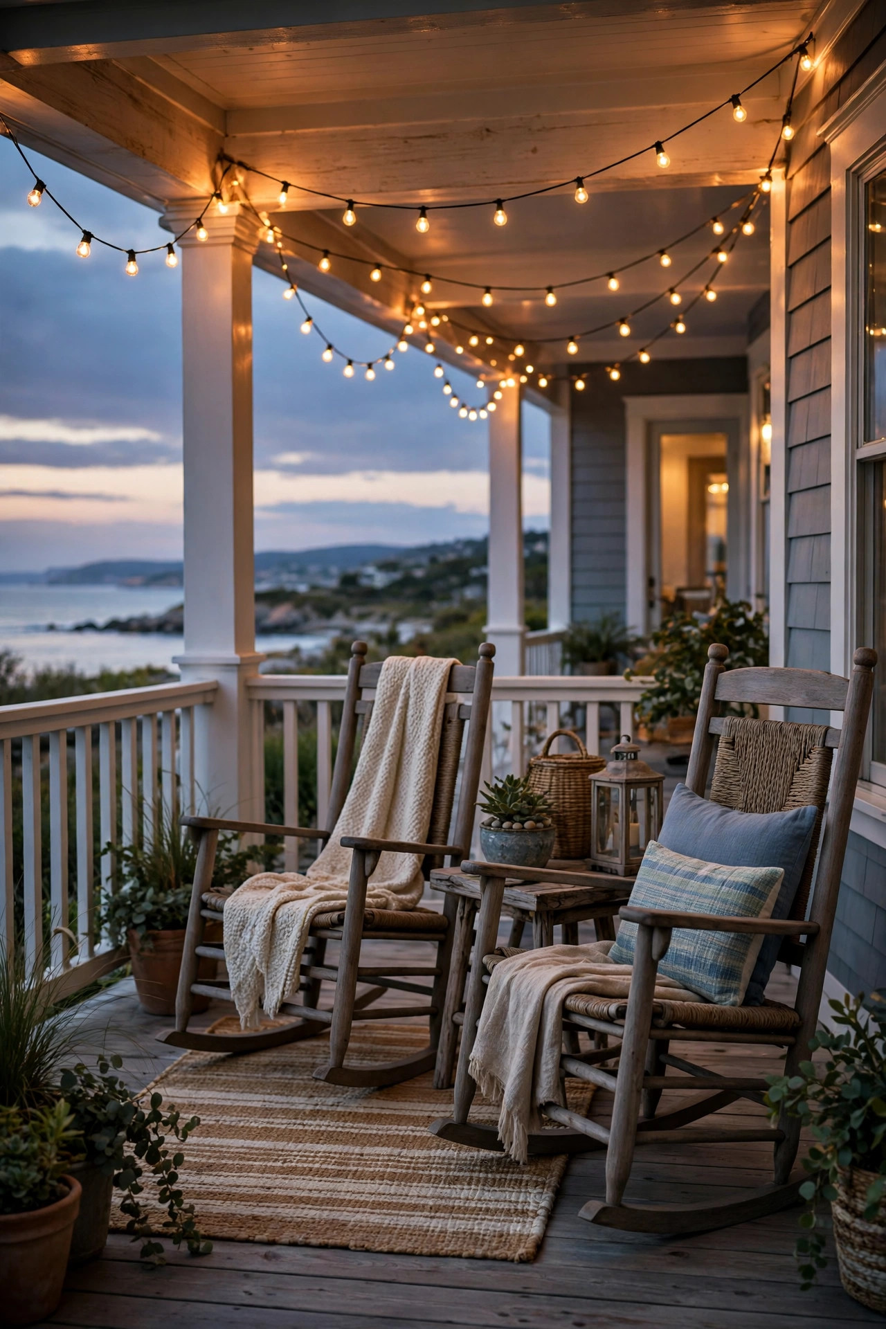 Warm string lights draped in swags across a coastal front porch with rocking chairs
