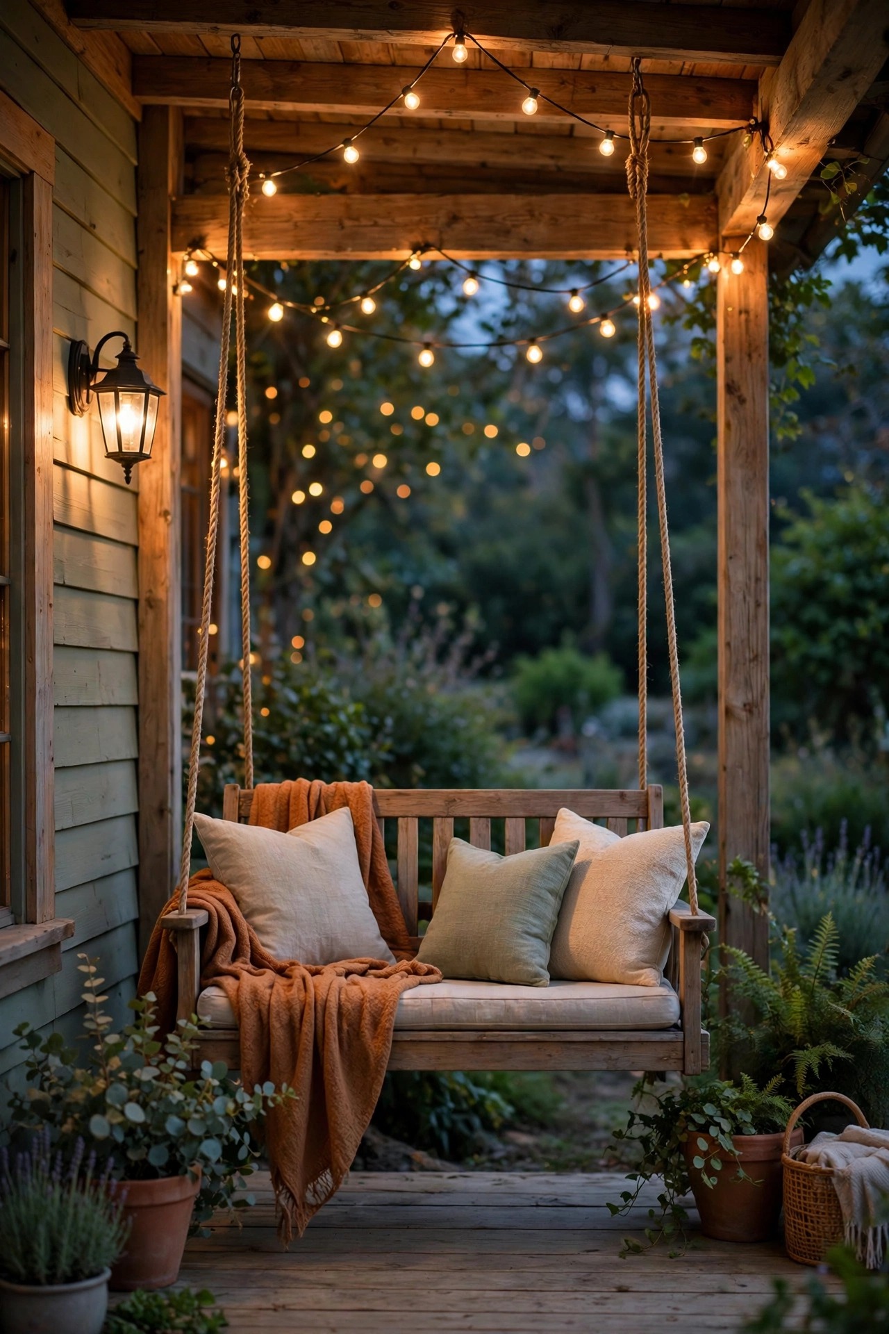 Porch swing with a soft warm sconce glow and string lights at dusk
