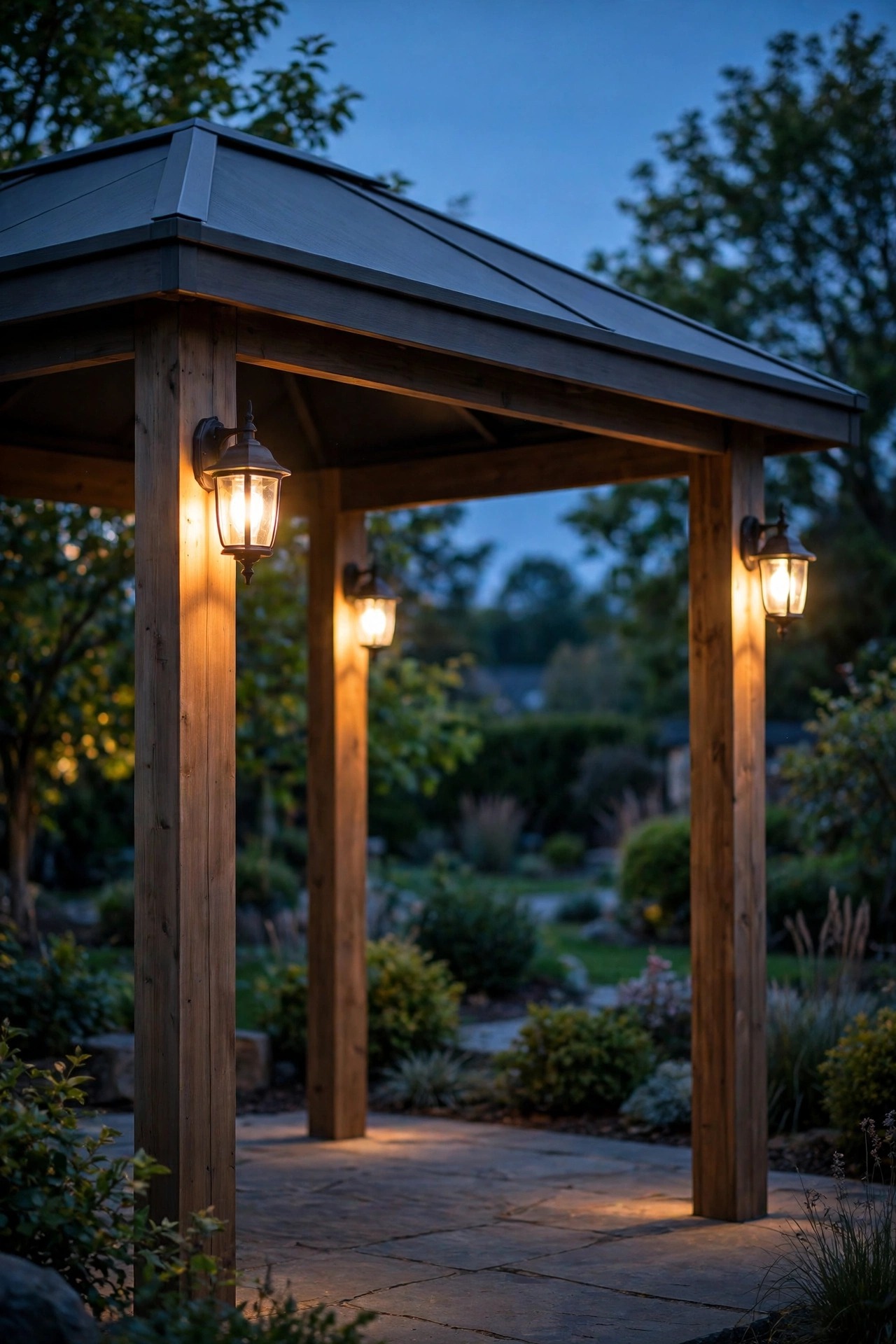 Lantern-style sconce lights glowing on the posts of a hardtop gazebo at dusk, warm light washing down each post