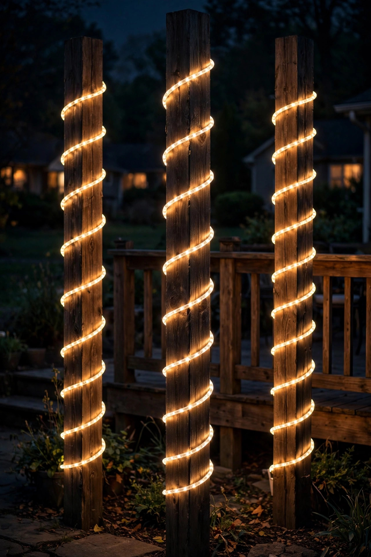 Wooden deck posts at night wrapped in a spiral of warm white rope light