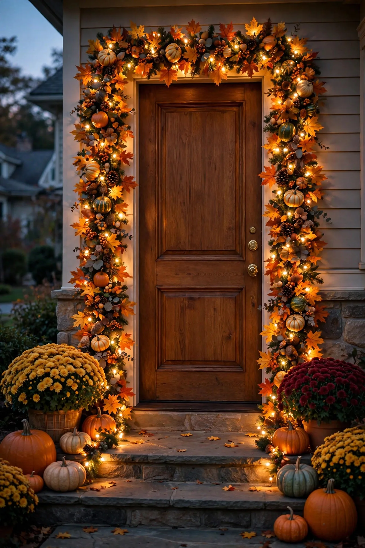 Prelit harvest garland with warm lights framing a front door for thanksgiving outdoor lighting