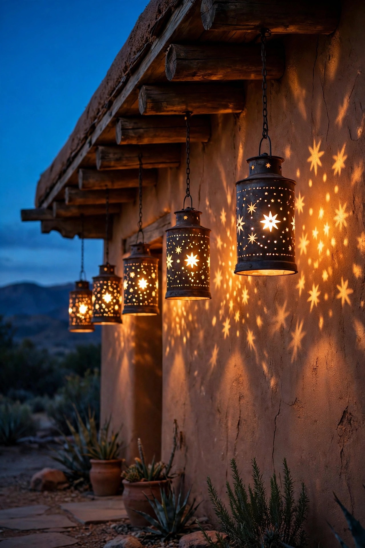 Punched-tin Southwestern lanterns hanging along a covered portal at dusk, warm light shining through star patterns onto an adobe wall