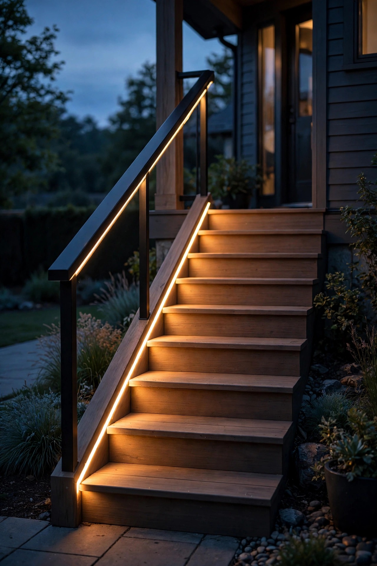 Hidden LED strip glowing beneath a modern porch handrail at dusk, casting a continuous warm ribbon of light down the steps