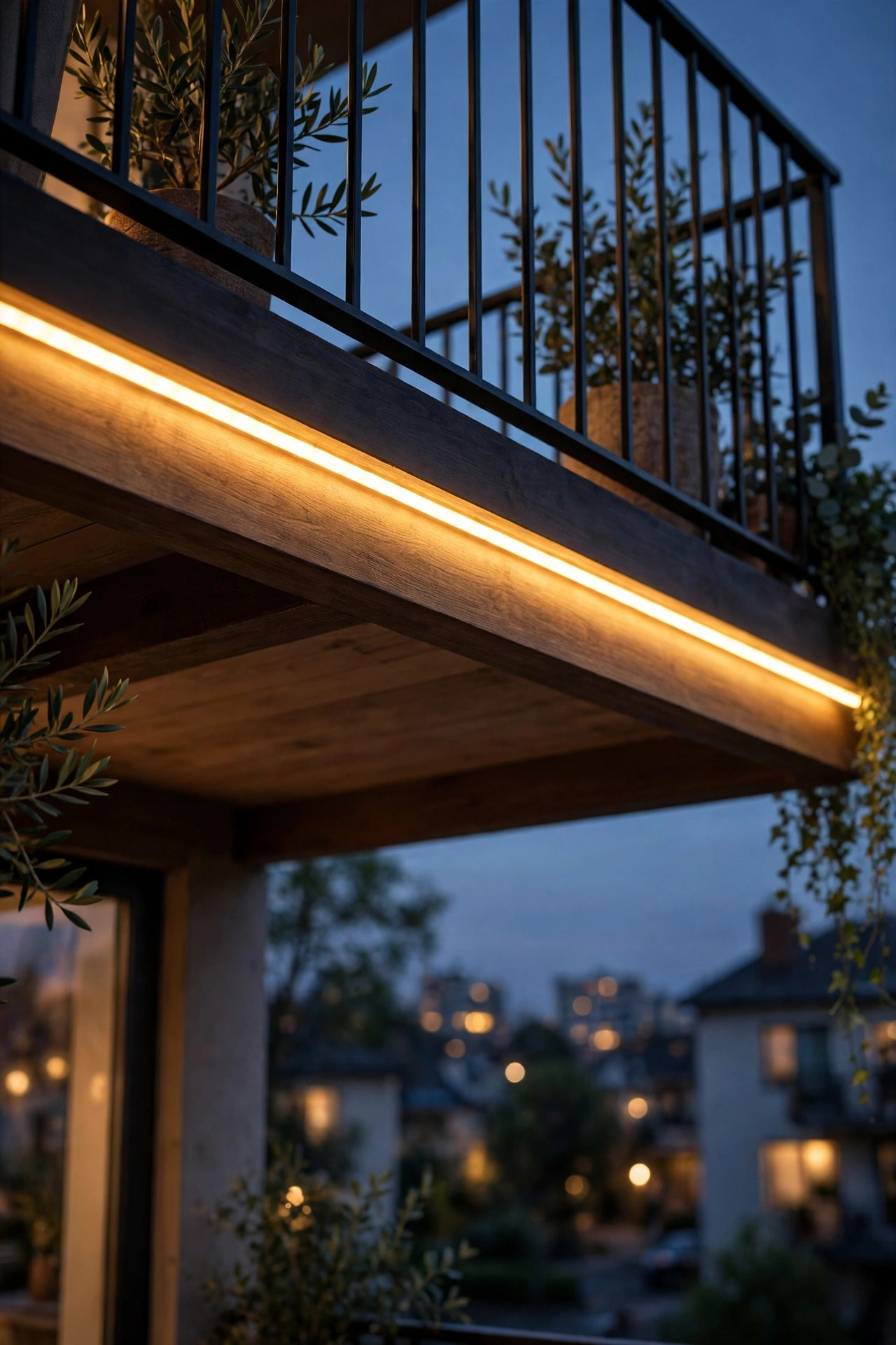 Warm rope light running along the underside of a balcony railing creating a clean line of glow