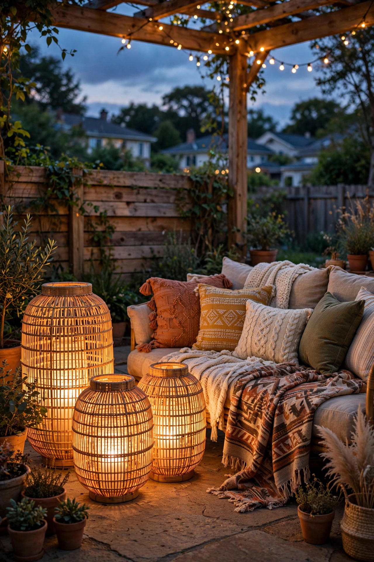 Large rattan floor lanterns glowing beside a boho outdoor sofa with cushions