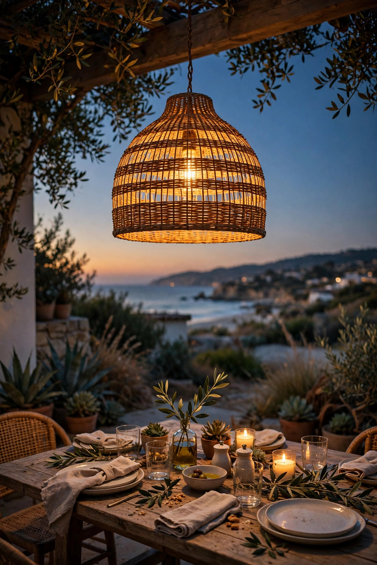 Woven rattan pendant light glowing over a coastal patio dining table