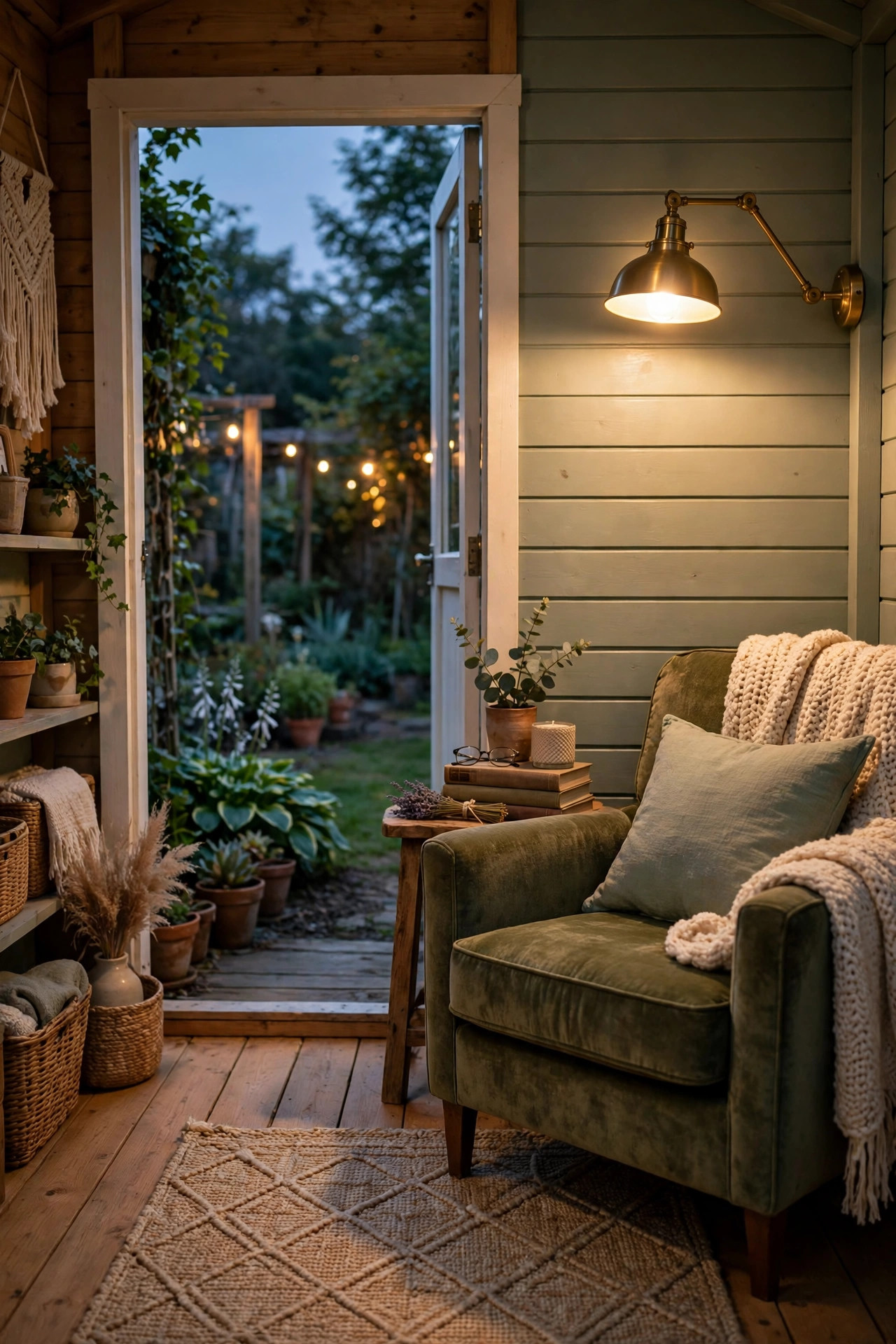 Cozy reading nook in a she shed with a swing-arm wall sconce glowing over an armchair