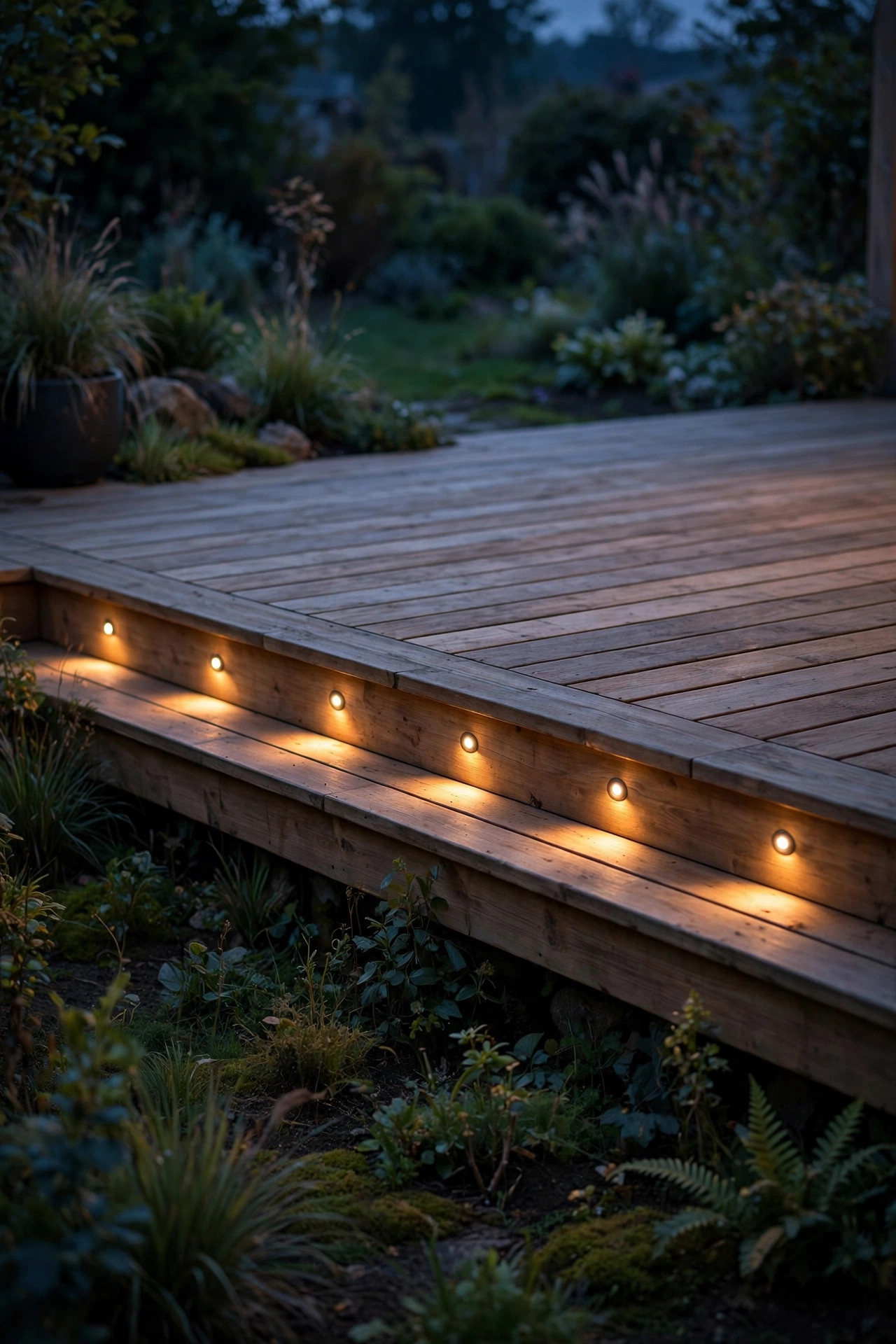 Small recessed deck lights set flush in deck boards, outlining the edge of a tier