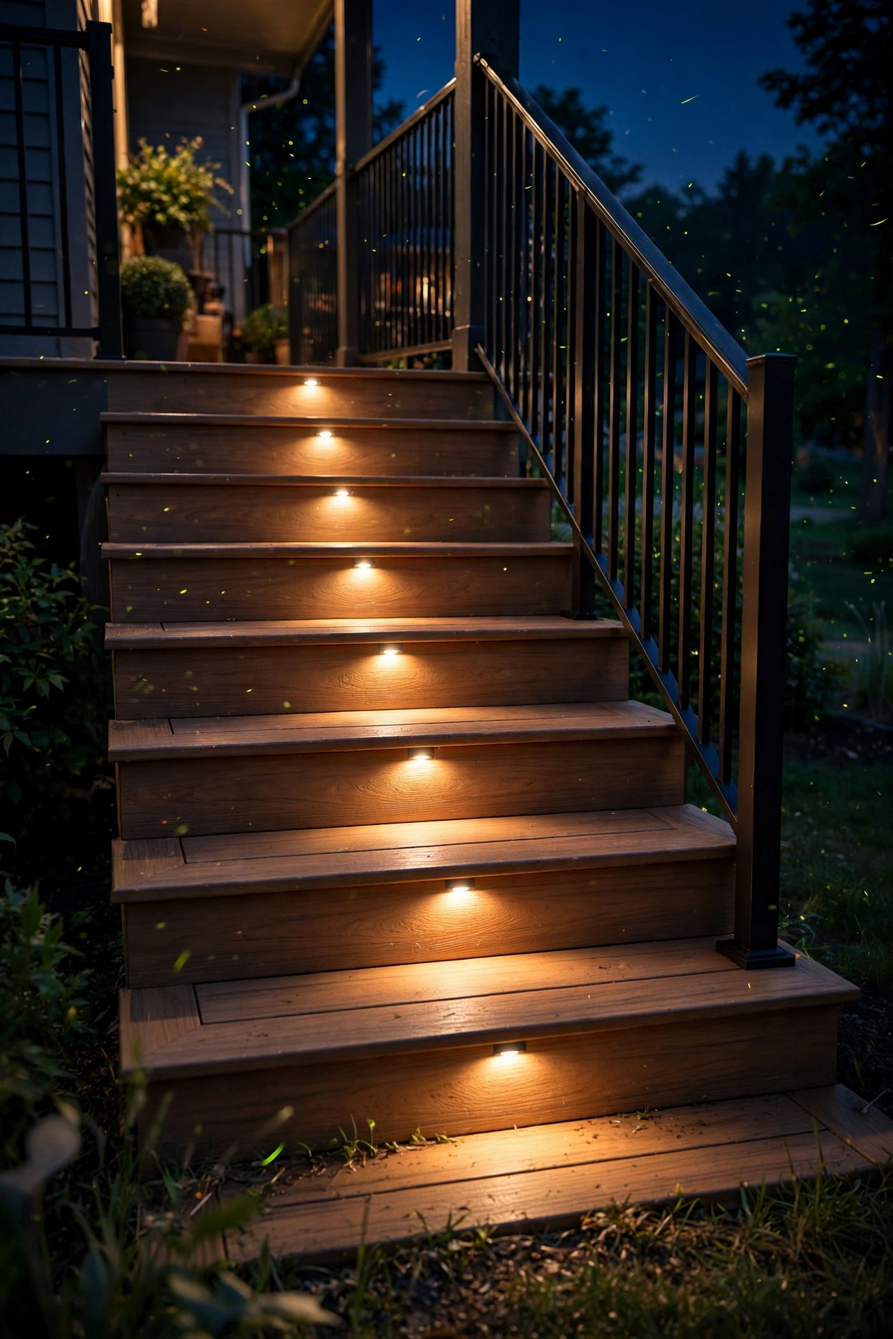 Warm recessed step lights glowing on outdoor deck stairs at night
