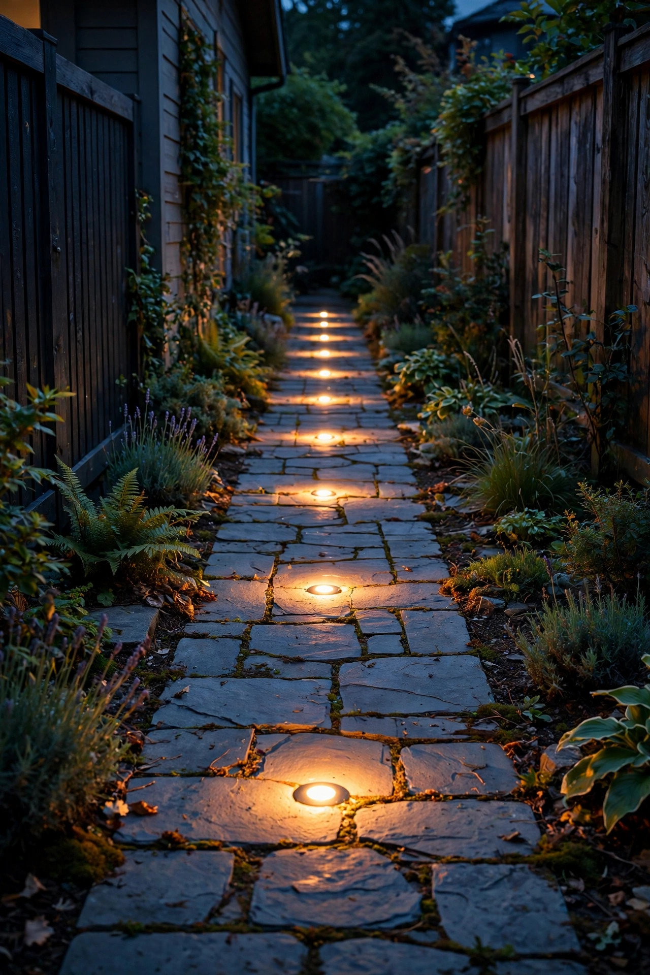 Recessed paver lights set flush in a stone path glowing in a line along a narrow side yard at night