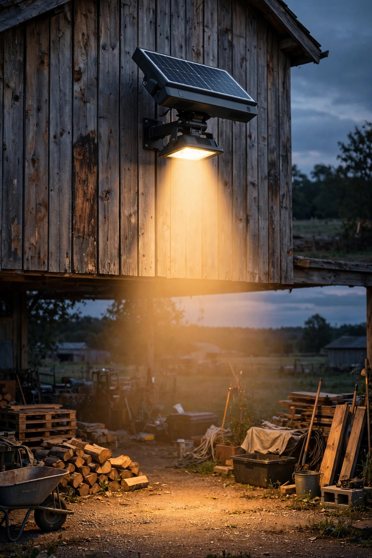 Solar flood light mounted high on a barn wall at dusk casting a wide warm beam over a work yard, remote-adjustable fixture with clean modern housing
