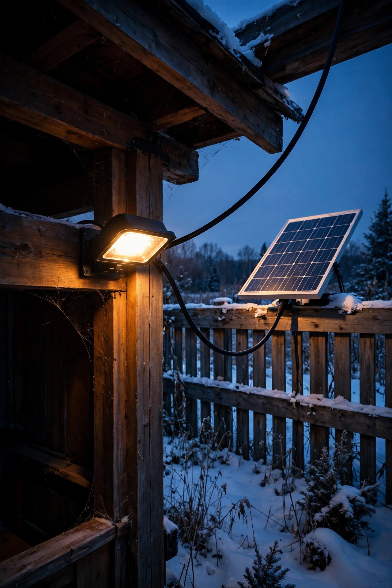 Solar flood light mounted in a shaded porch corner connected by cable to a separate solar panel angled on a sunny fence rail above snow