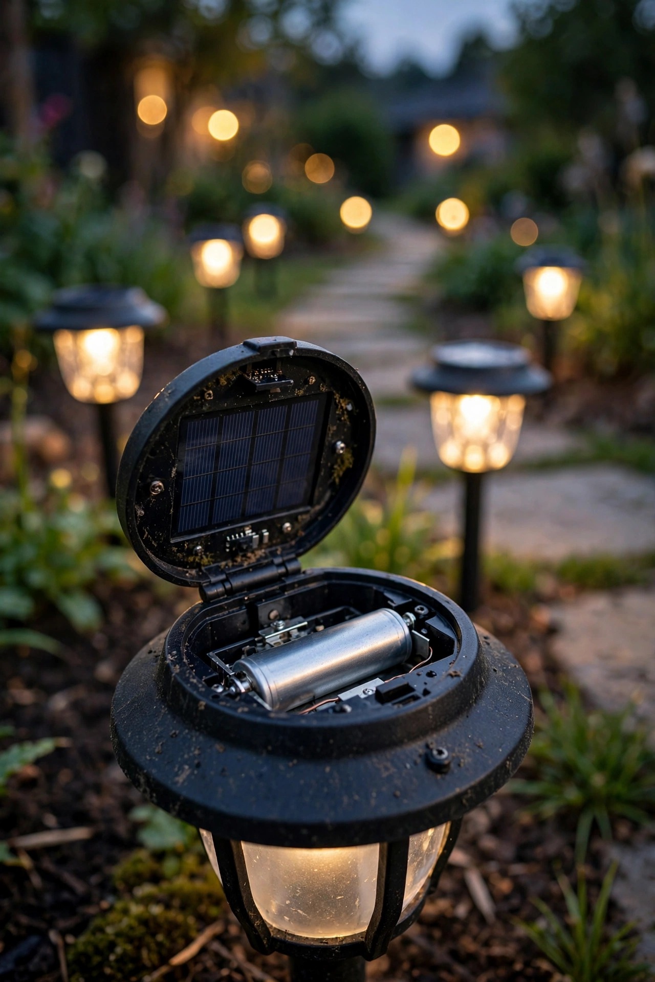 Solar path light with its cap open showing a standard rechargeable battery inside, row of warm glowing solar path lights along a garden path at dusk behind it