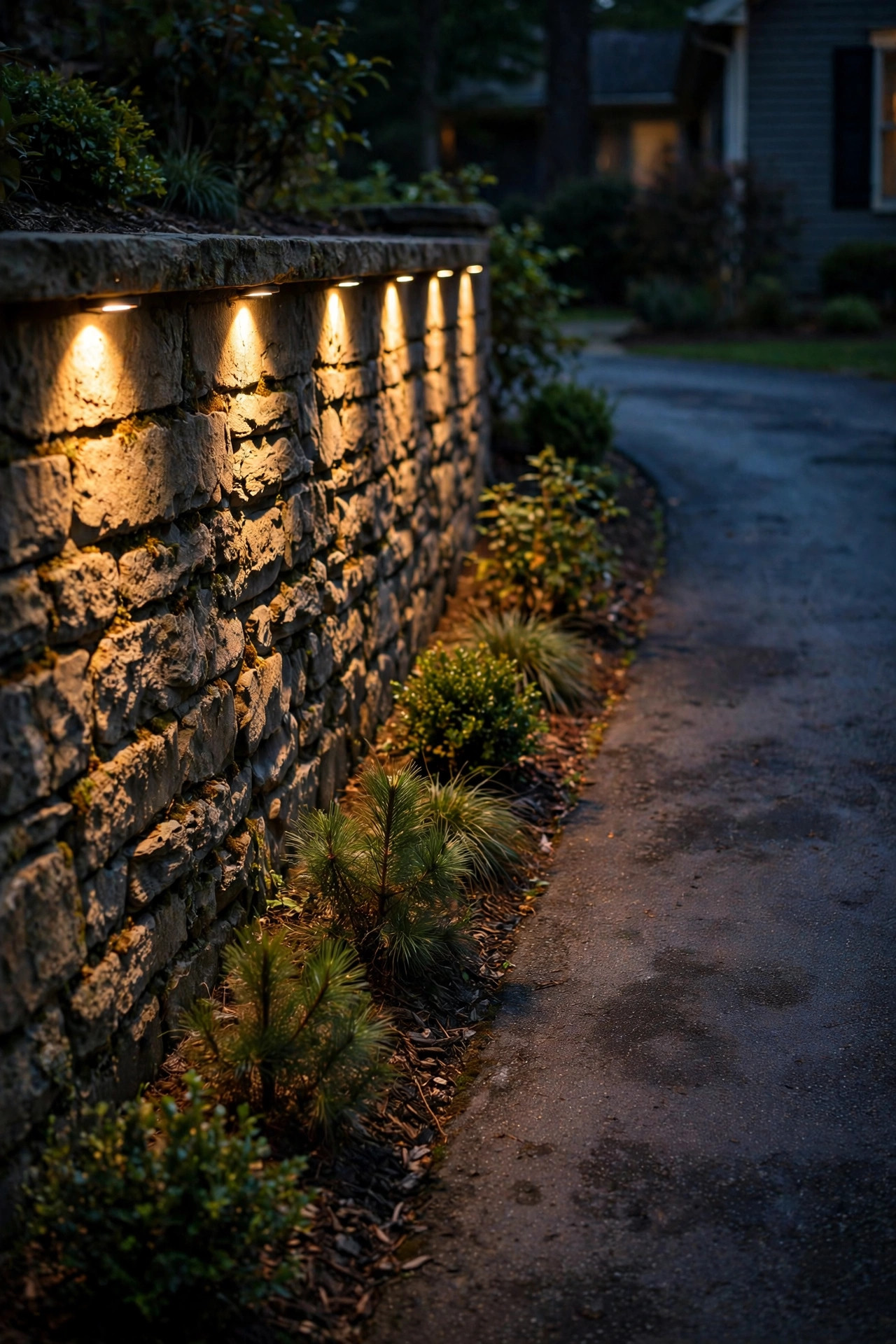 Retaining wall cap lights casting a warm glow down a stone wall beside a driveway