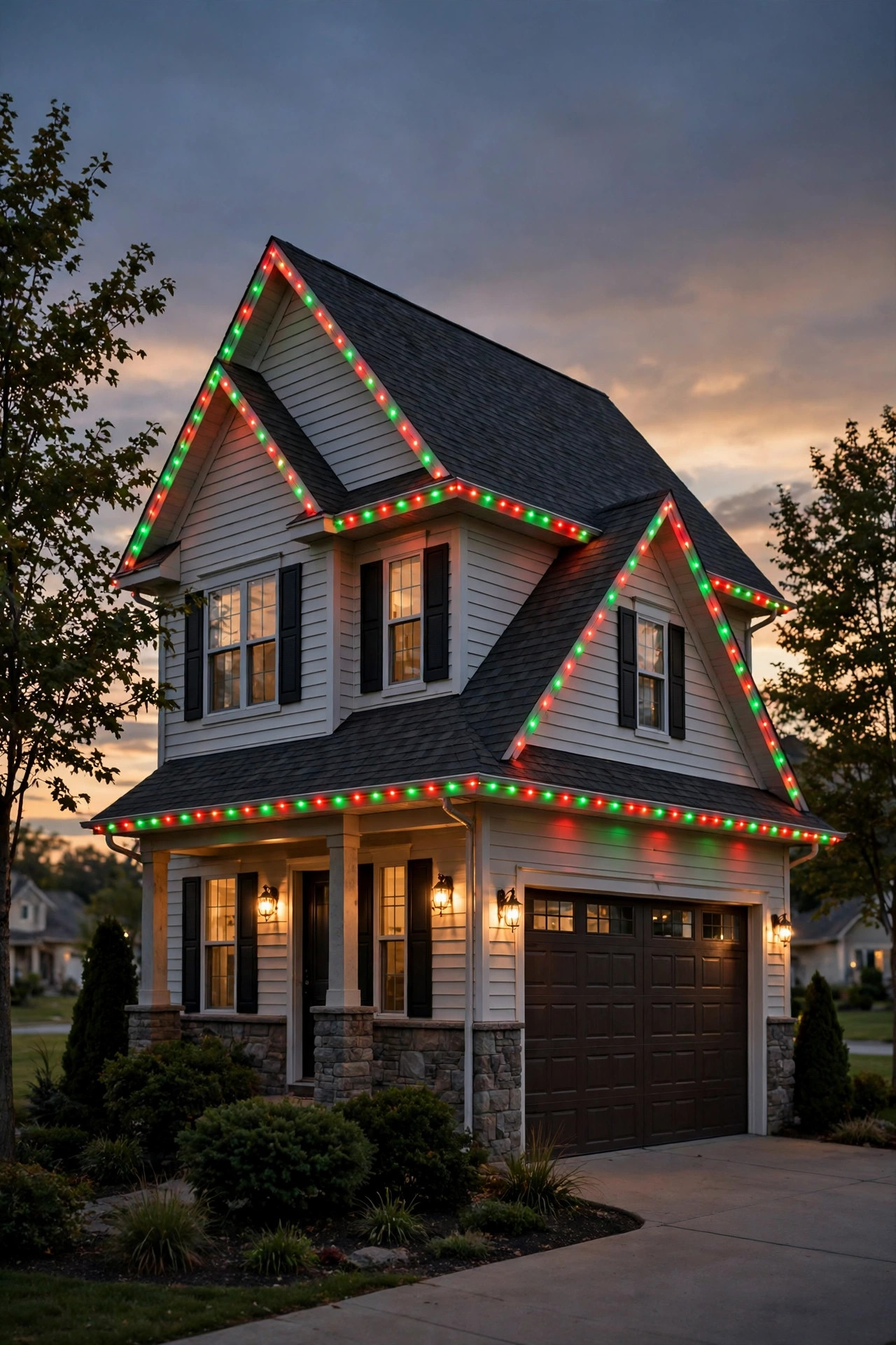 Permanent RGB roofline lights tracing the eaves of a suburban home in evenly spaced festive red and green points