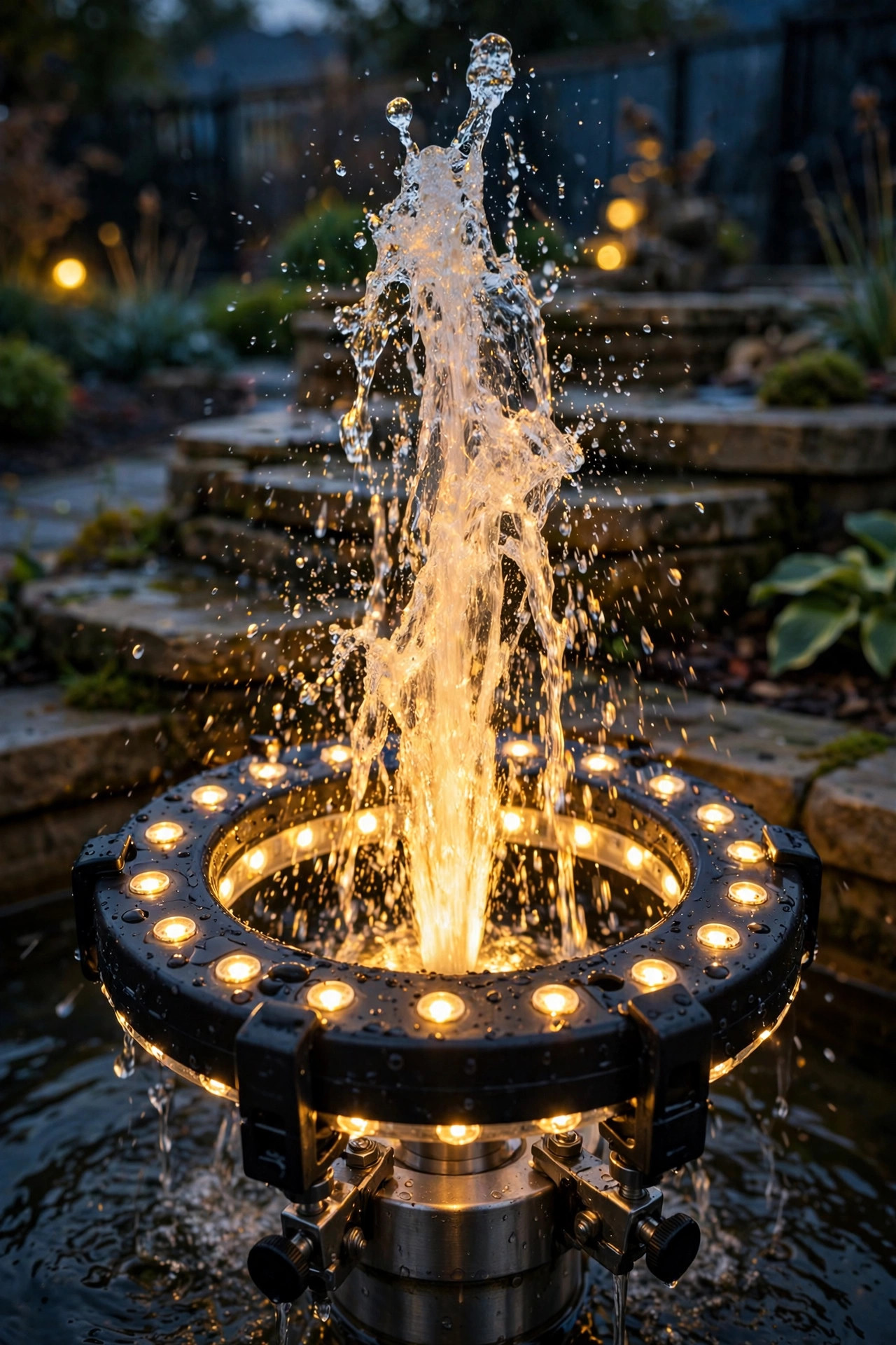 LED ring light around a fountain nozzle making the water plume glow